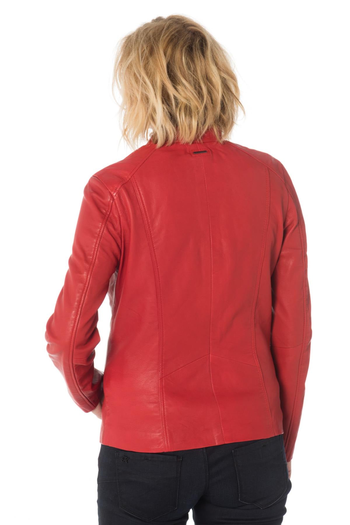 Women's red leather jacket with mao collar - Image n°5