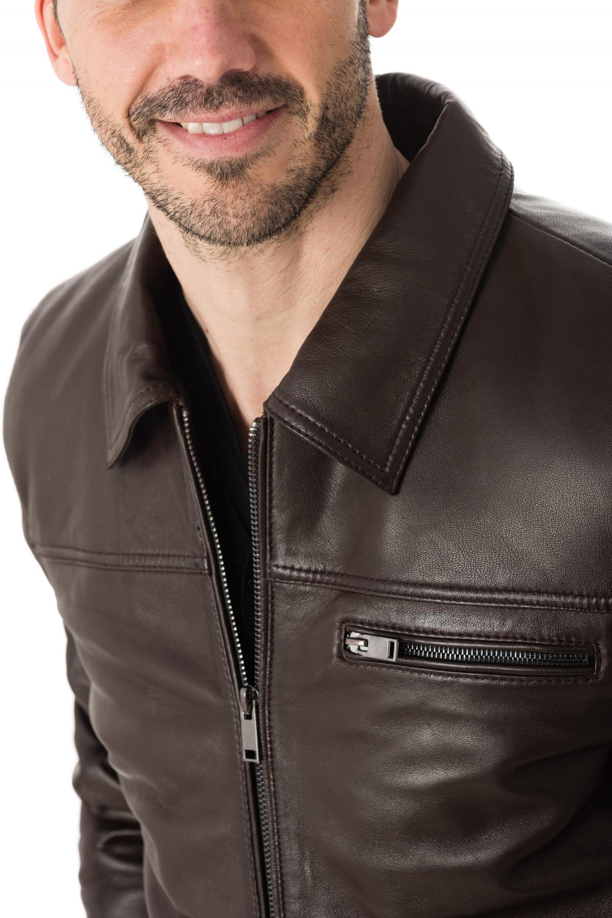 Brown leather shirt collar jacket - Image n°6