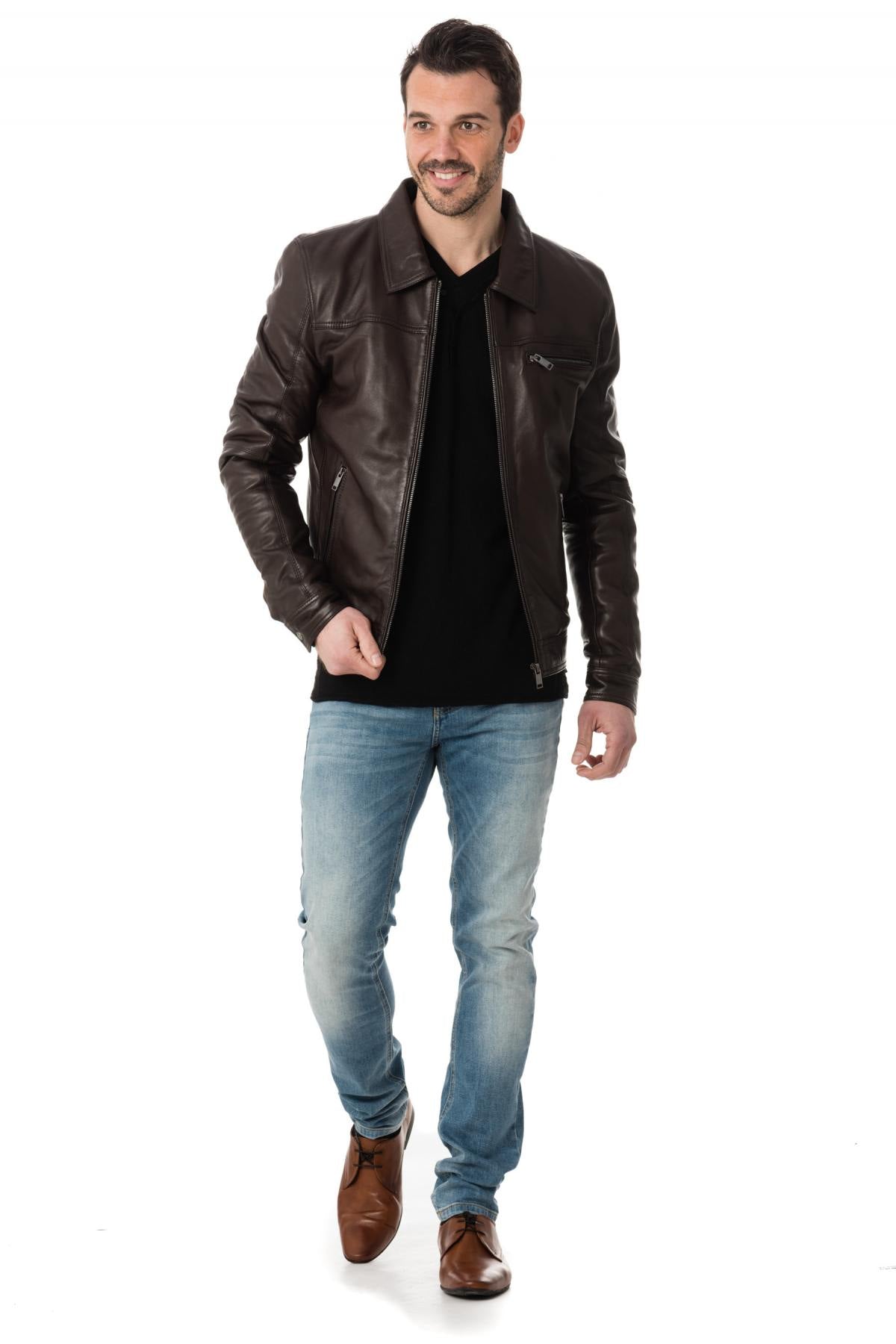 Brown leather shirt collar jacket - Image n°2