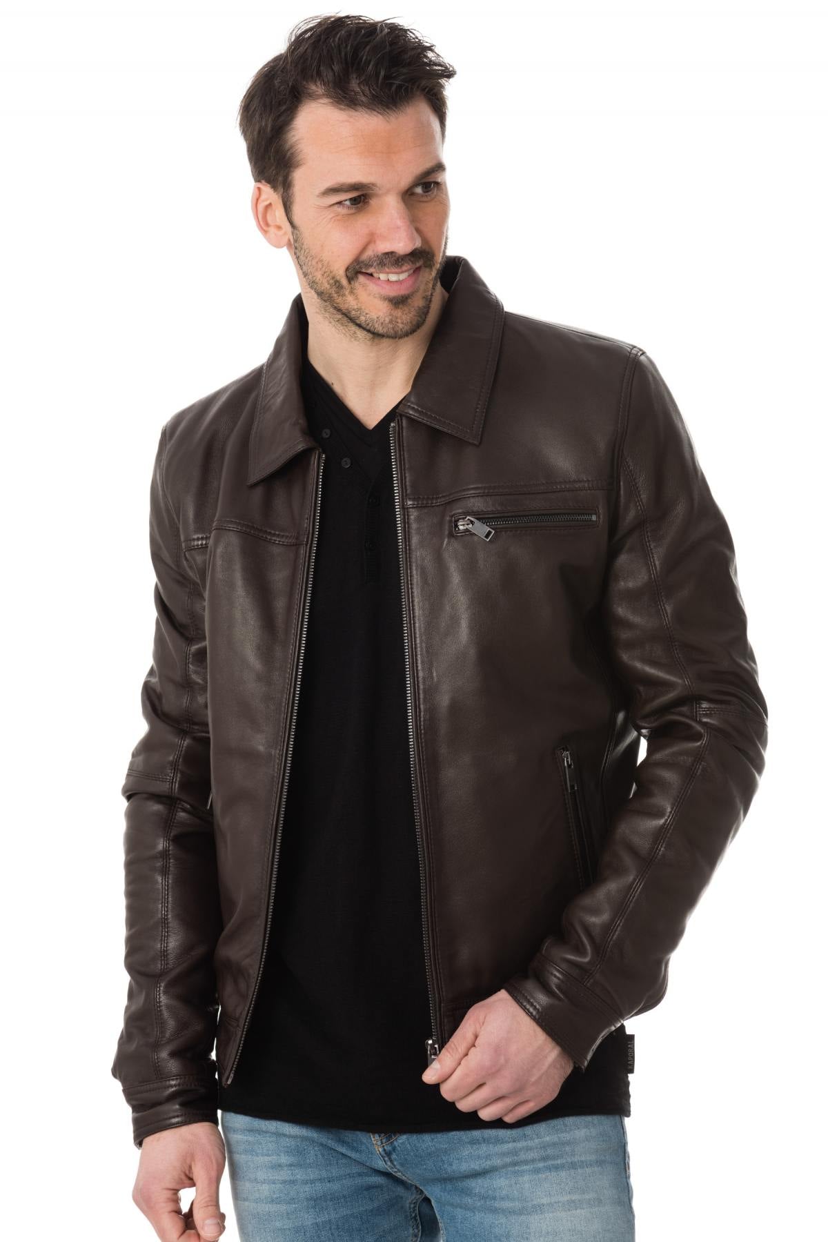 Brown leather shirt collar jacket - Image n°3