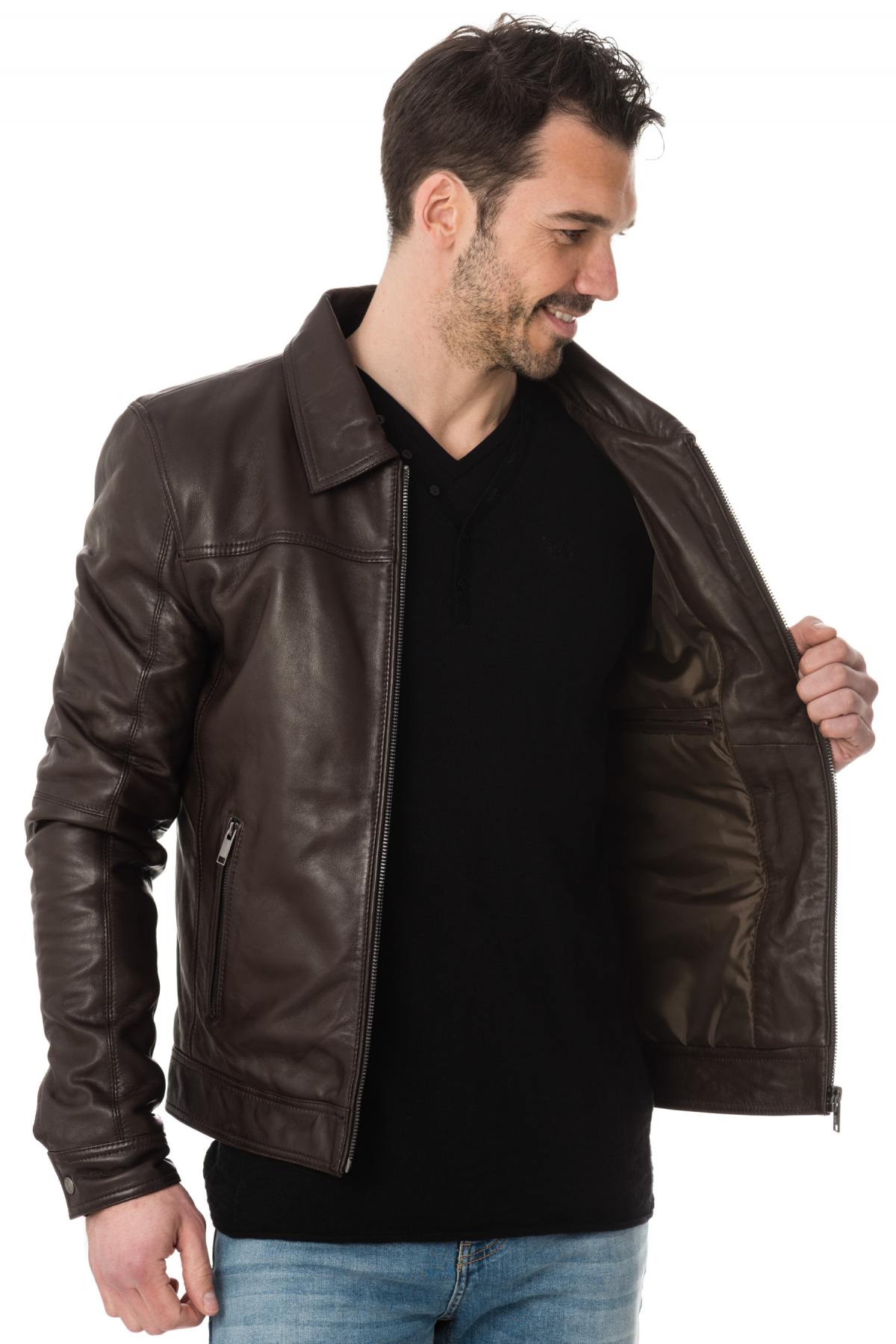 Brown leather shirt collar jacket - Image n°4