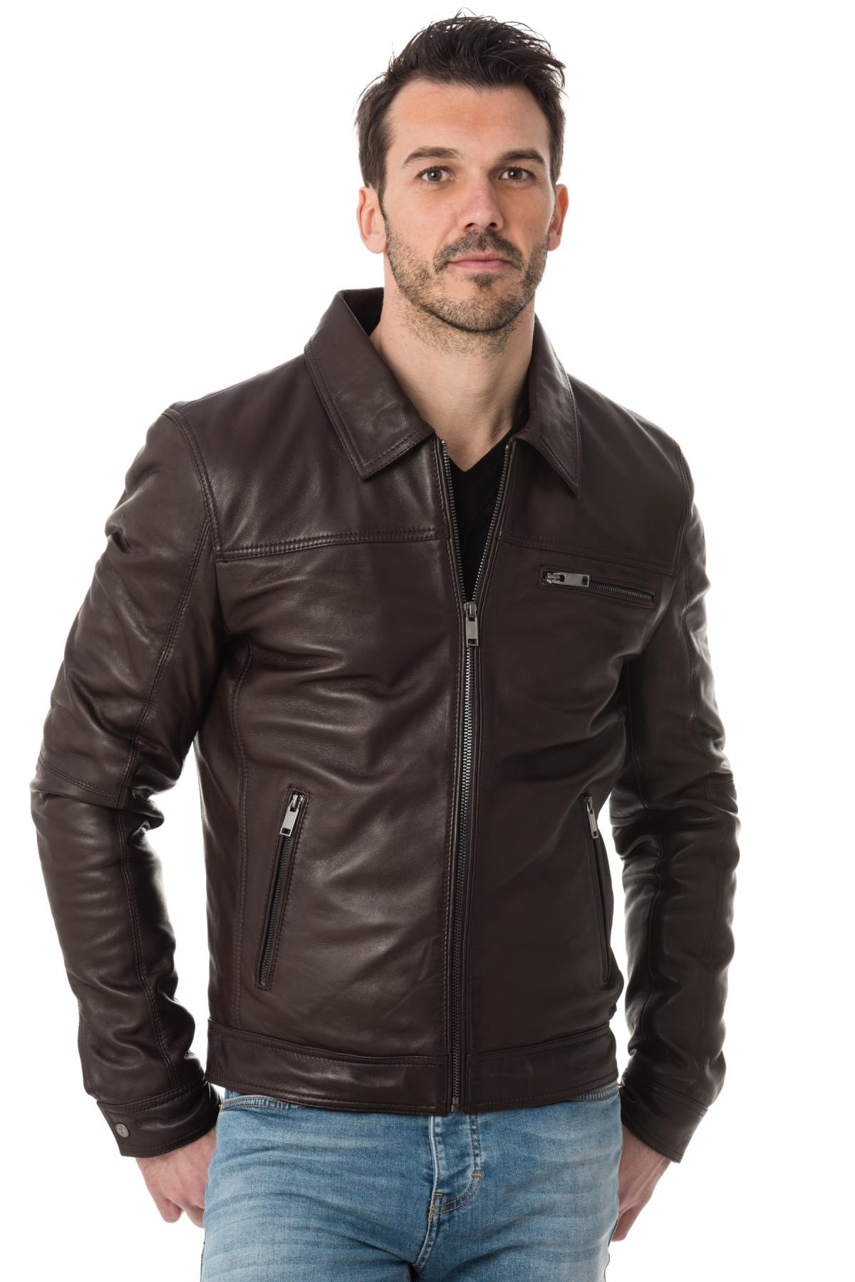 Brown leather shirt collar jacket - Image n°1