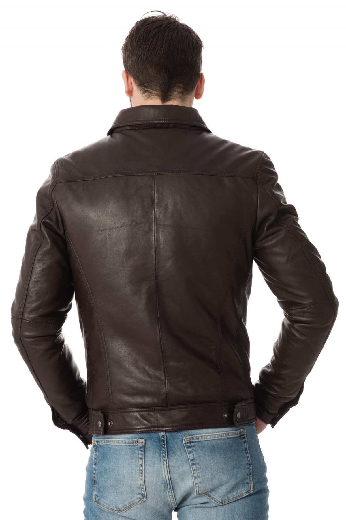 Brown leather shirt collar jacket - Image n°5