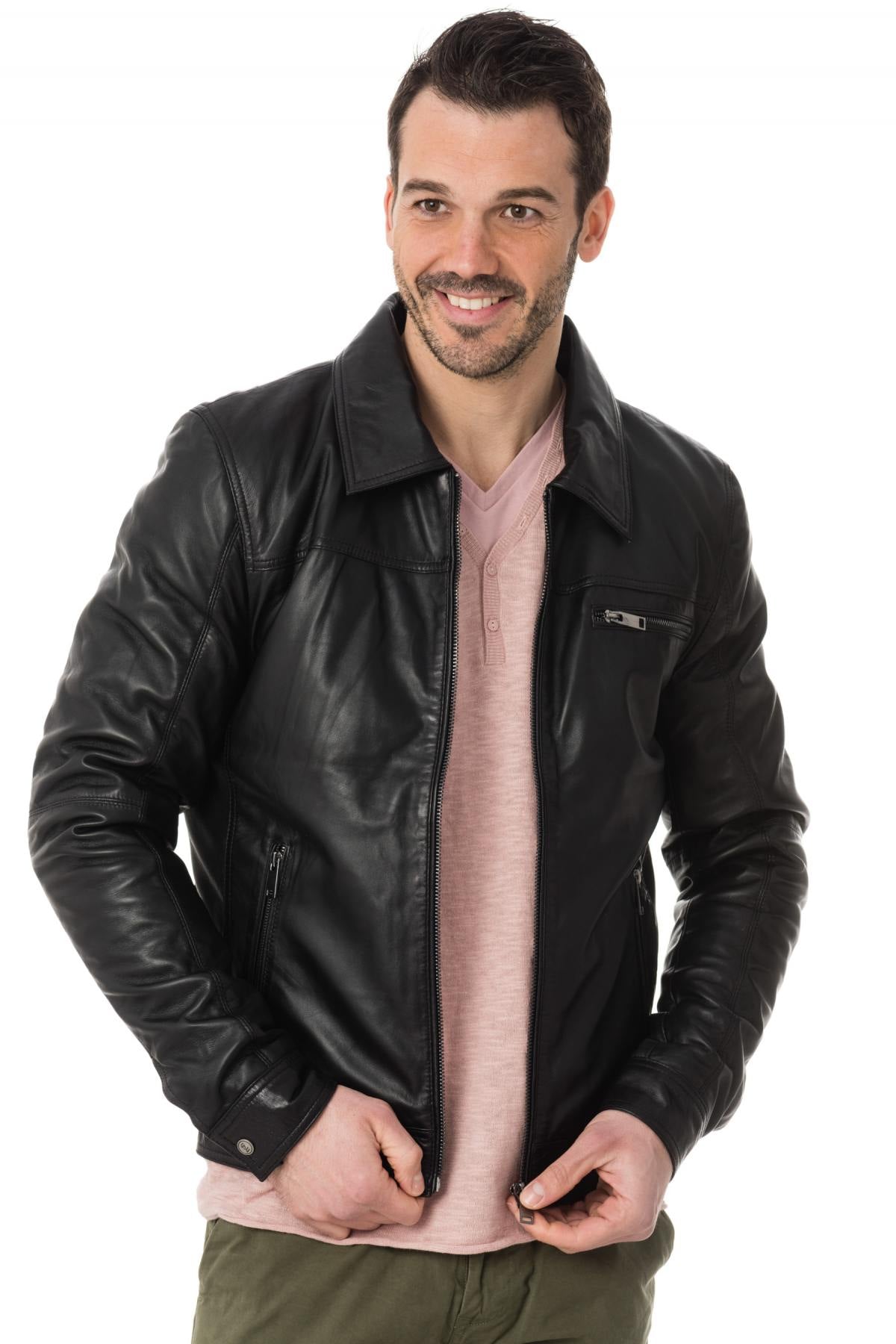 Classic black leather jacket with shirt collar - Image n°3