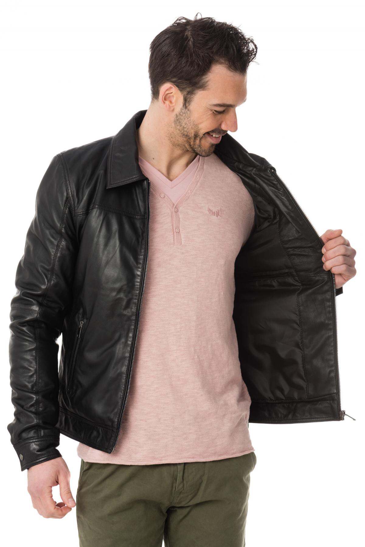 Classic black leather jacket with shirt collar - Image n°4