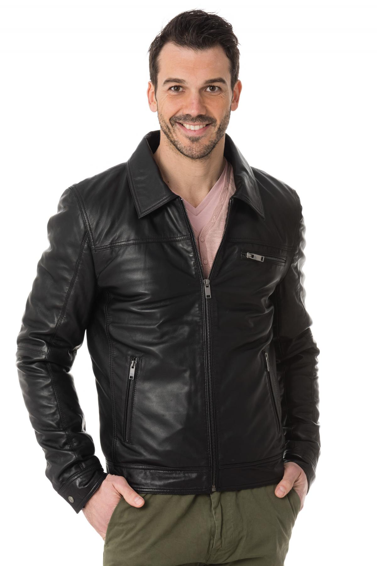 Classic black leather jacket with shirt collar - Image n°1