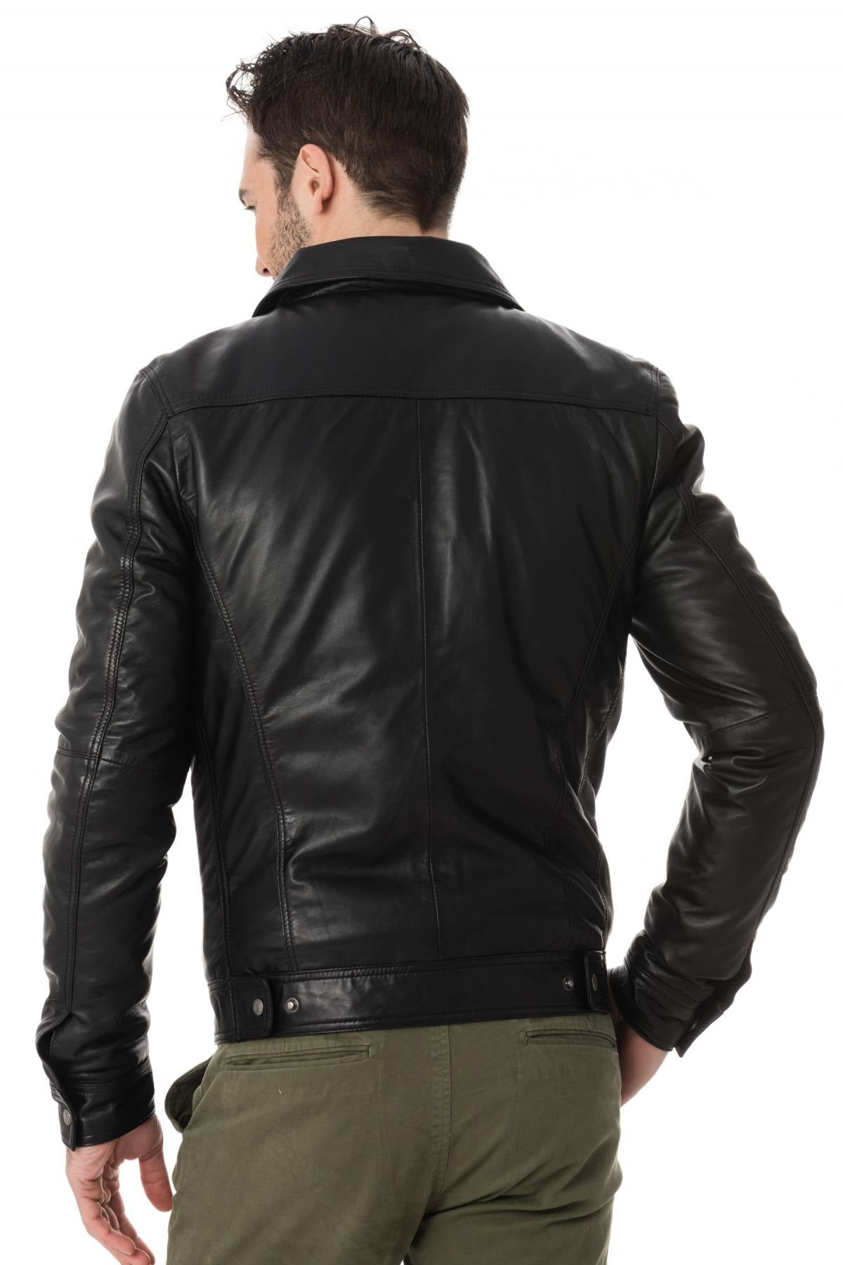 Classic black leather jacket with shirt collar - Image n°5