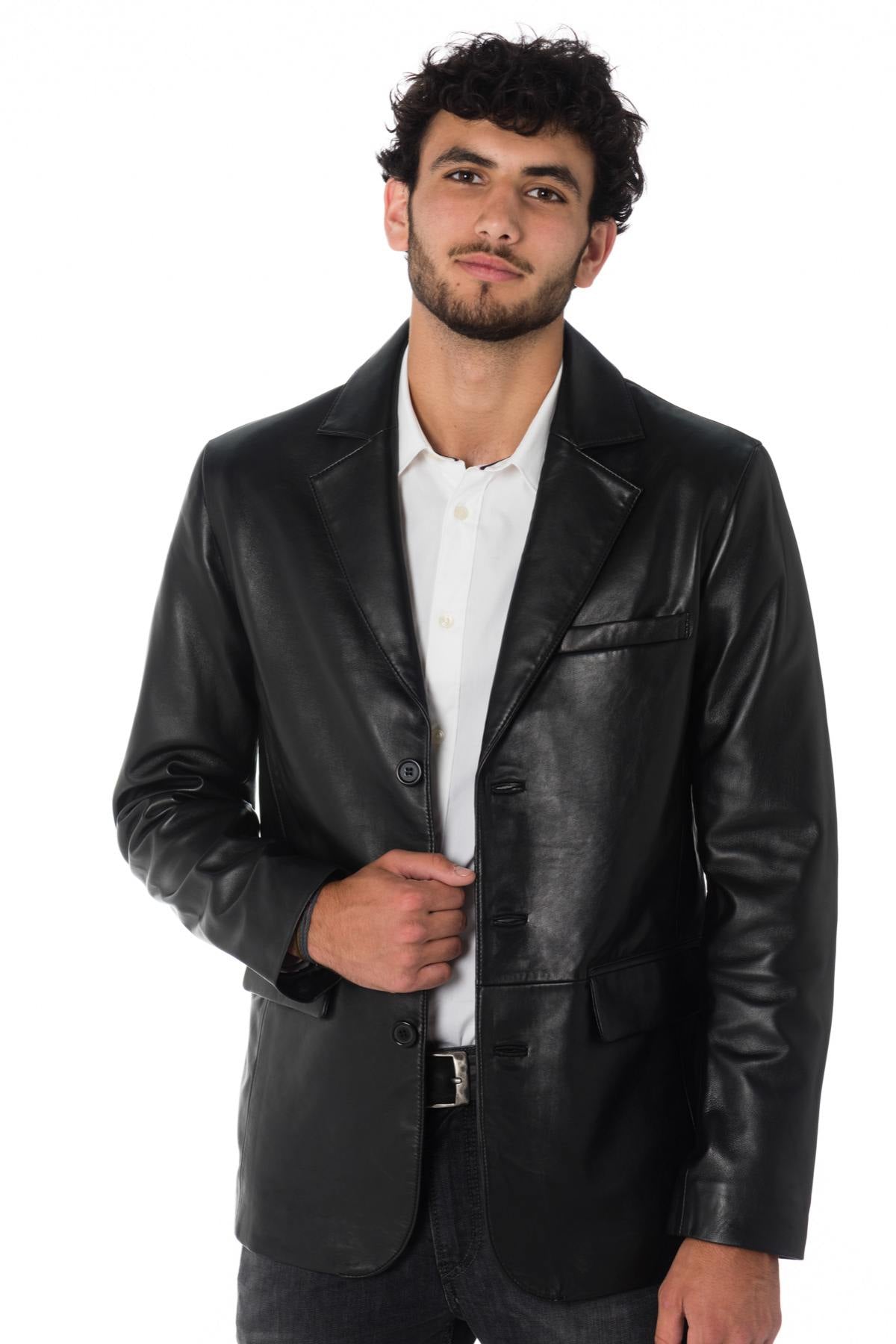 Men's black sheepskin leather blazer - Image n°3