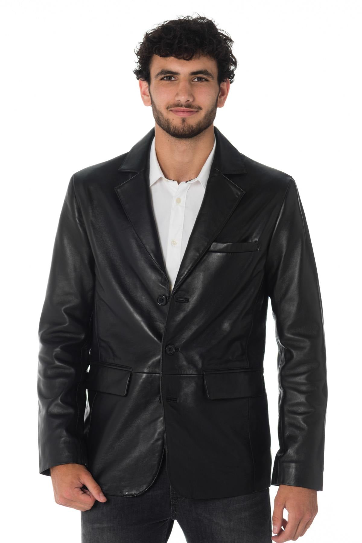 Men's black sheepskin leather blazer - Image n°4