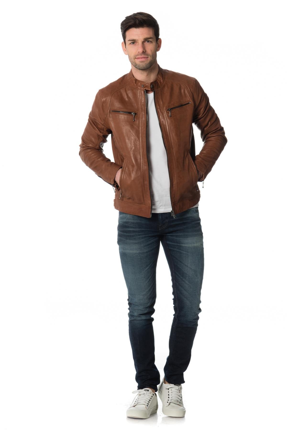 Dark cognac lambskin leather jacket - Image n°2