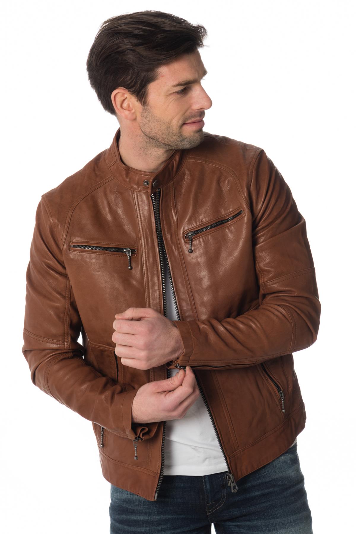 Dark cognac lambskin leather jacket - Image n°3