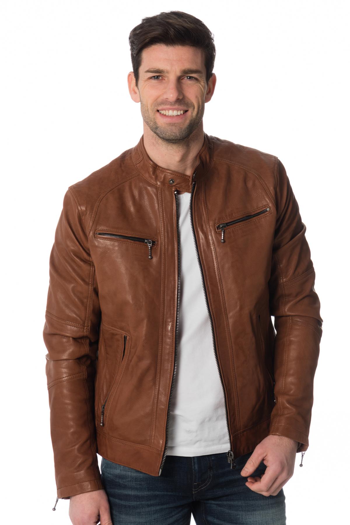 Dark cognac lambskin leather jacket - Image n°4