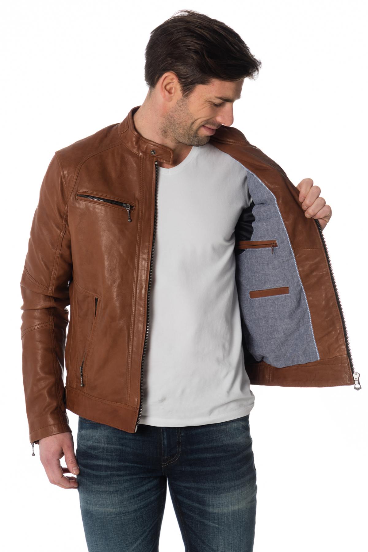 Dark cognac lambskin leather jacket - Image n°5