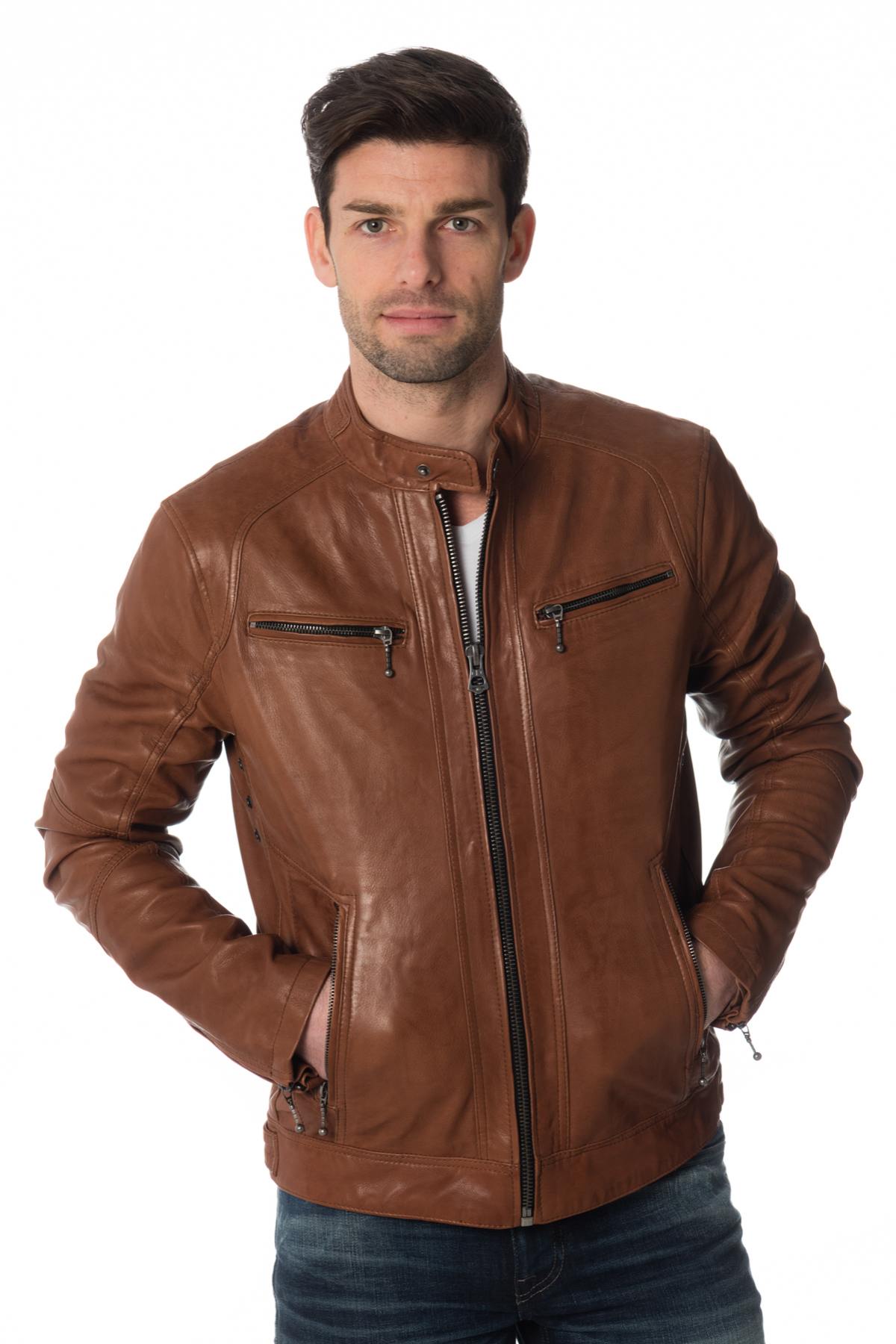 Dark cognac lambskin leather jacket - Image n°1