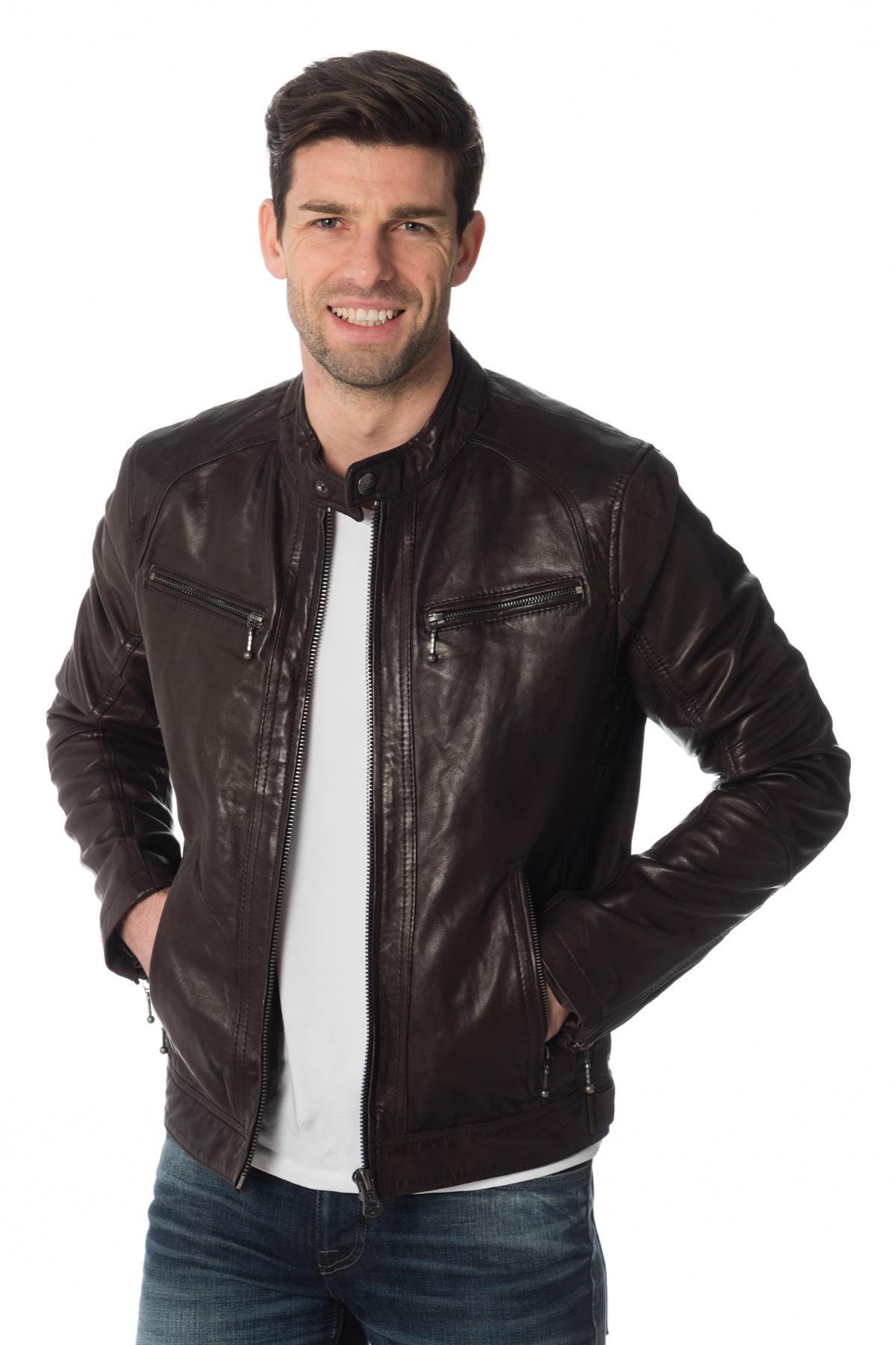 Dark brown lambskin leather jacket - Image n°1