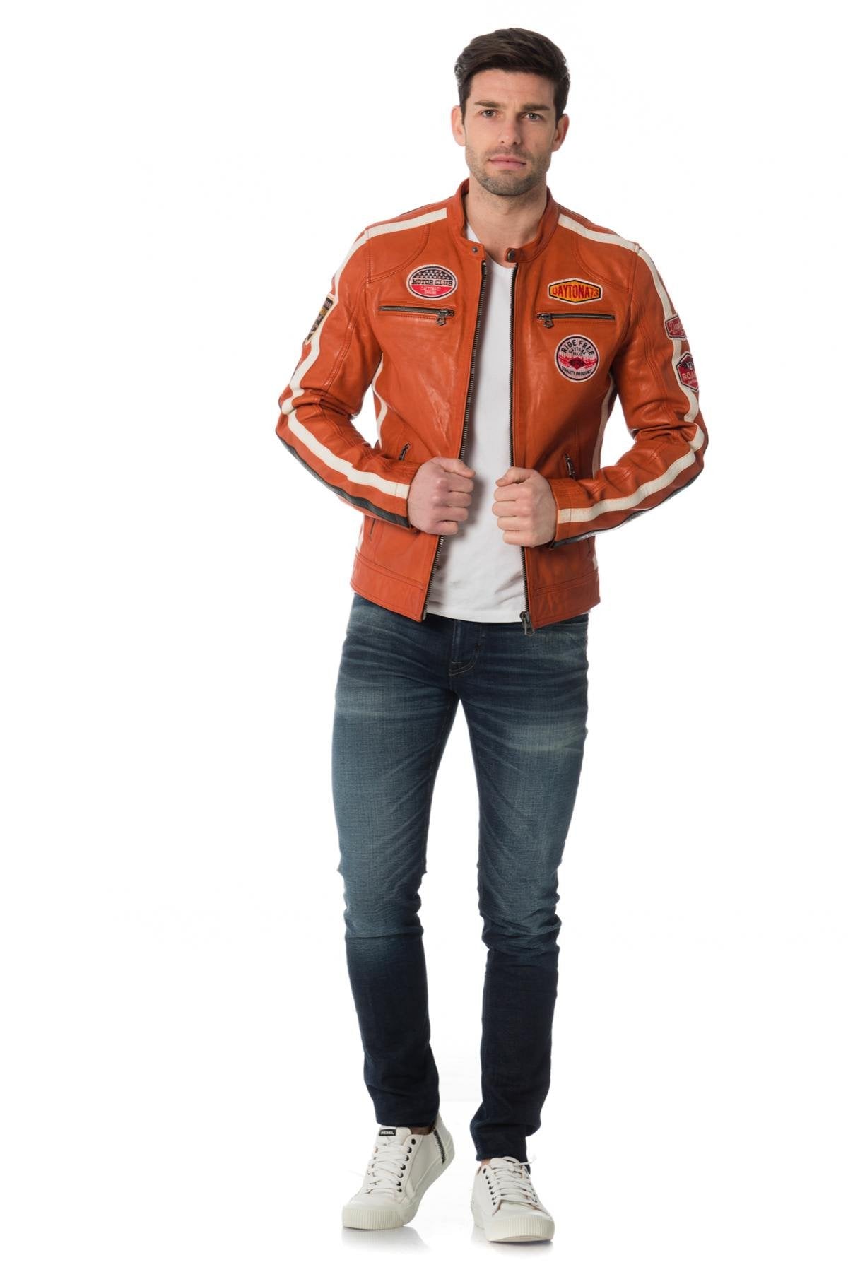 Orange biker jacket with badge - Image n°2