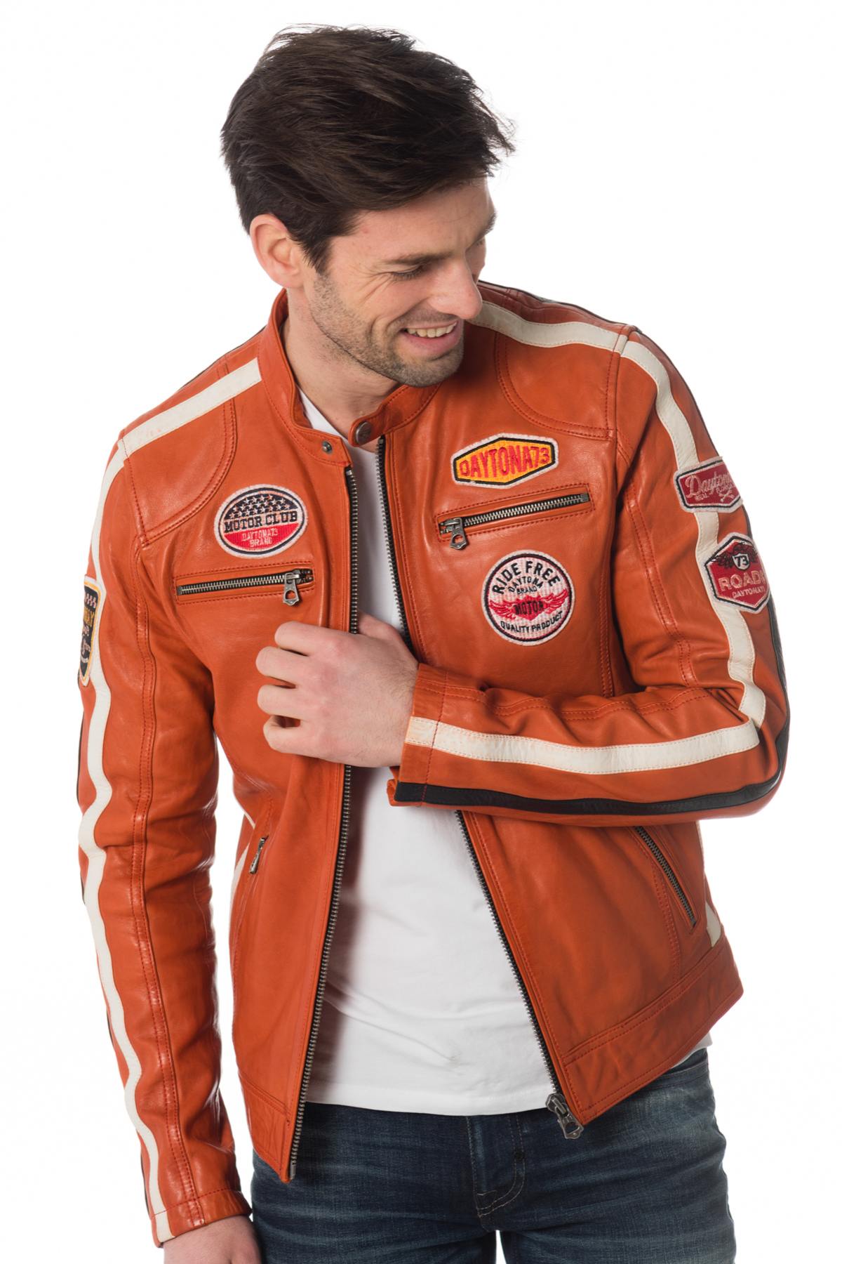 Orange biker jacket with badge - Image n°3