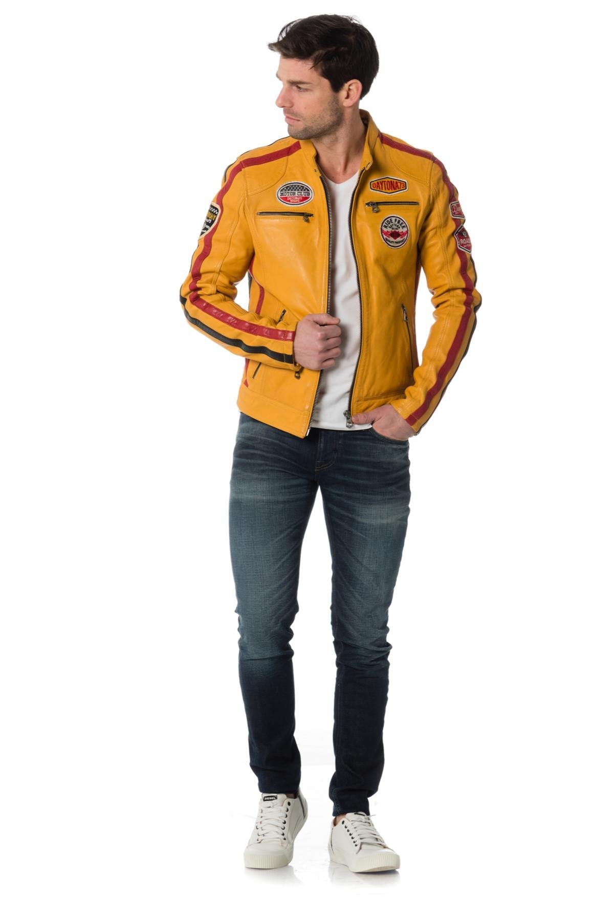 Men's yellow lambskin jacket with badges - Image n°2