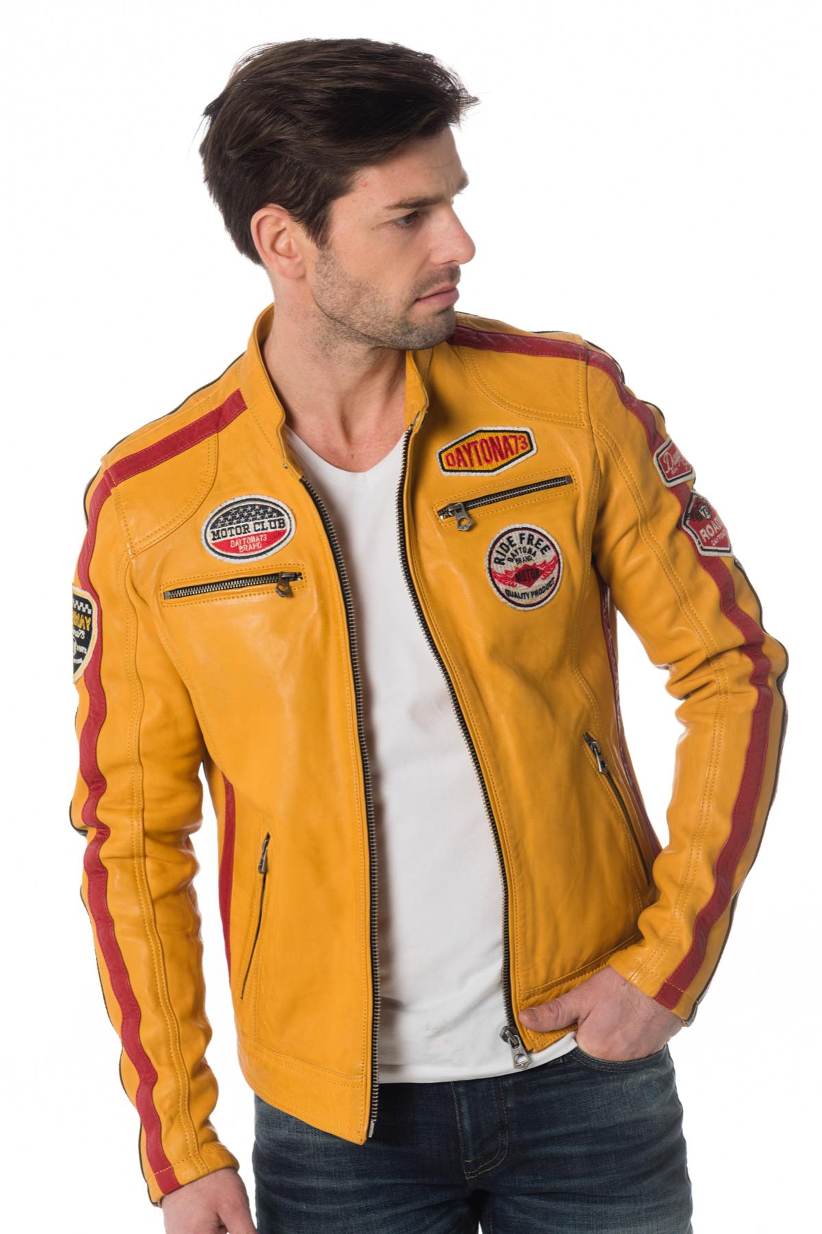 Men's yellow lambskin jacket with badges - Image n°3