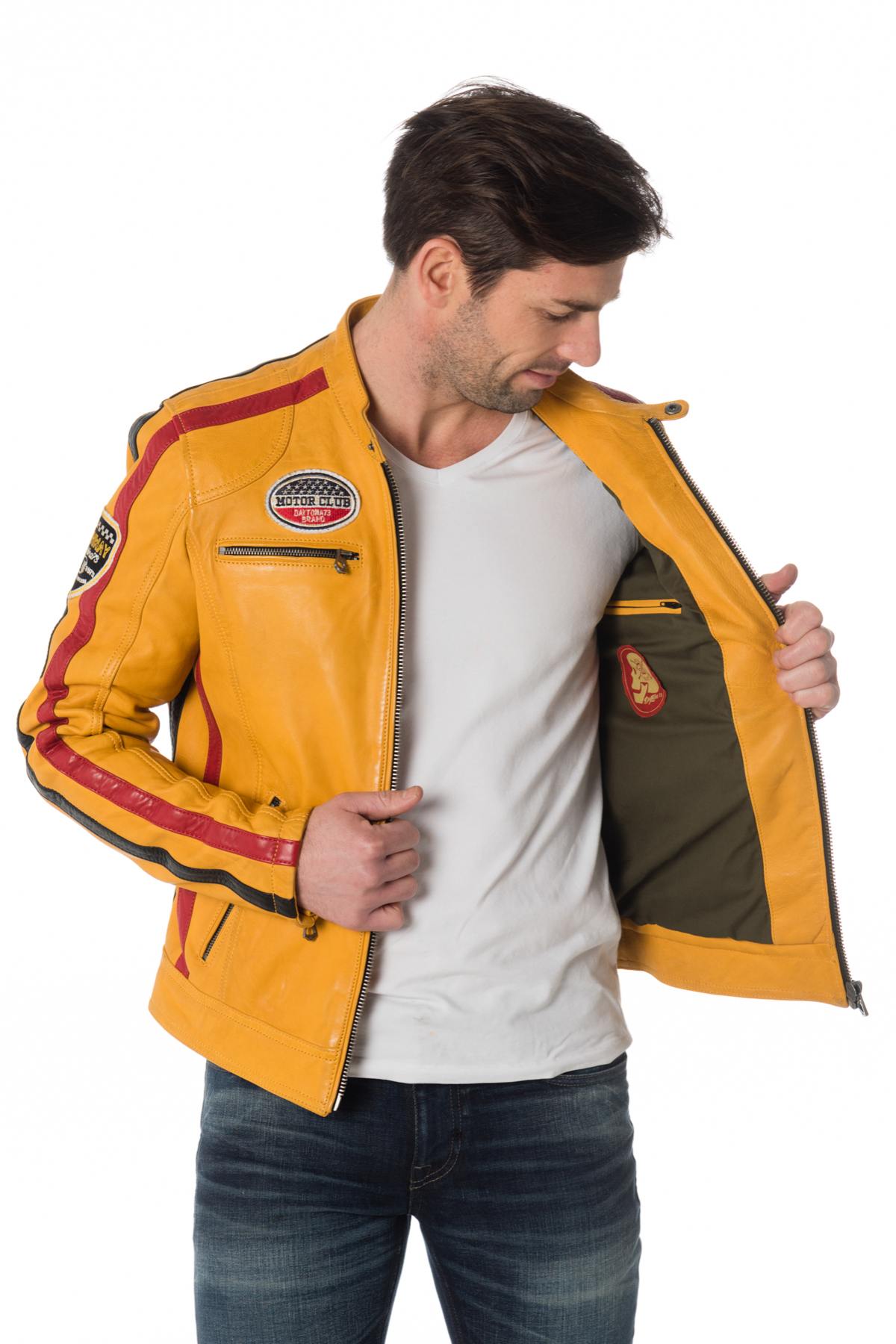 Men's yellow lambskin jacket with badges - Image n°4