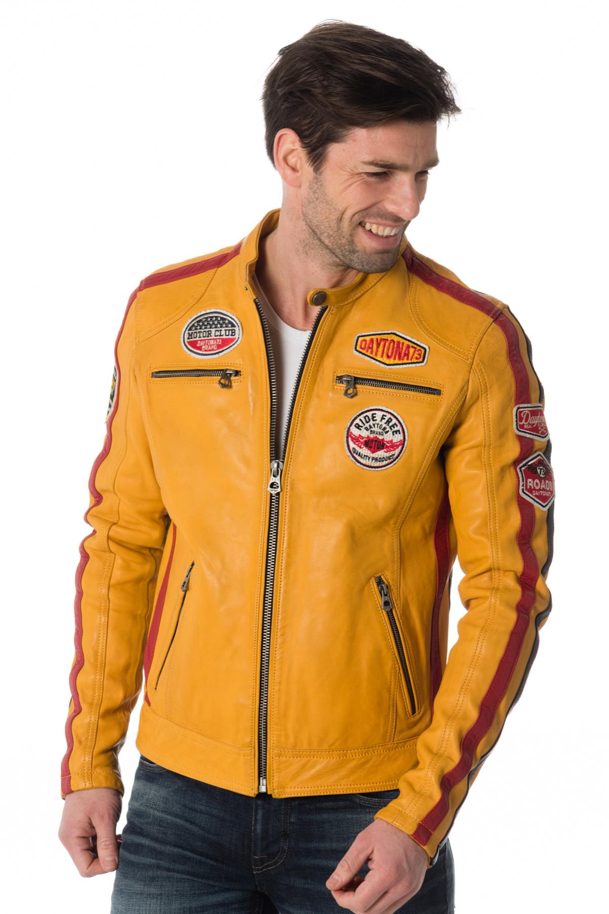 Men's yellow lambskin jacket with badges - Image n°1