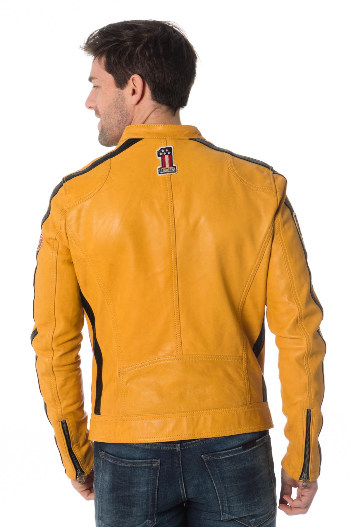 Men's yellow lambskin jacket with badges - Image n°5