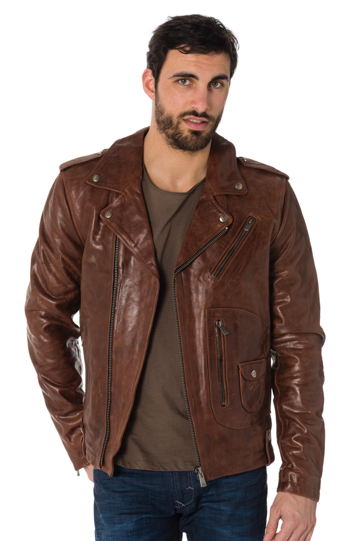 Biker Jacket in aged effect cowhide - Image n°1