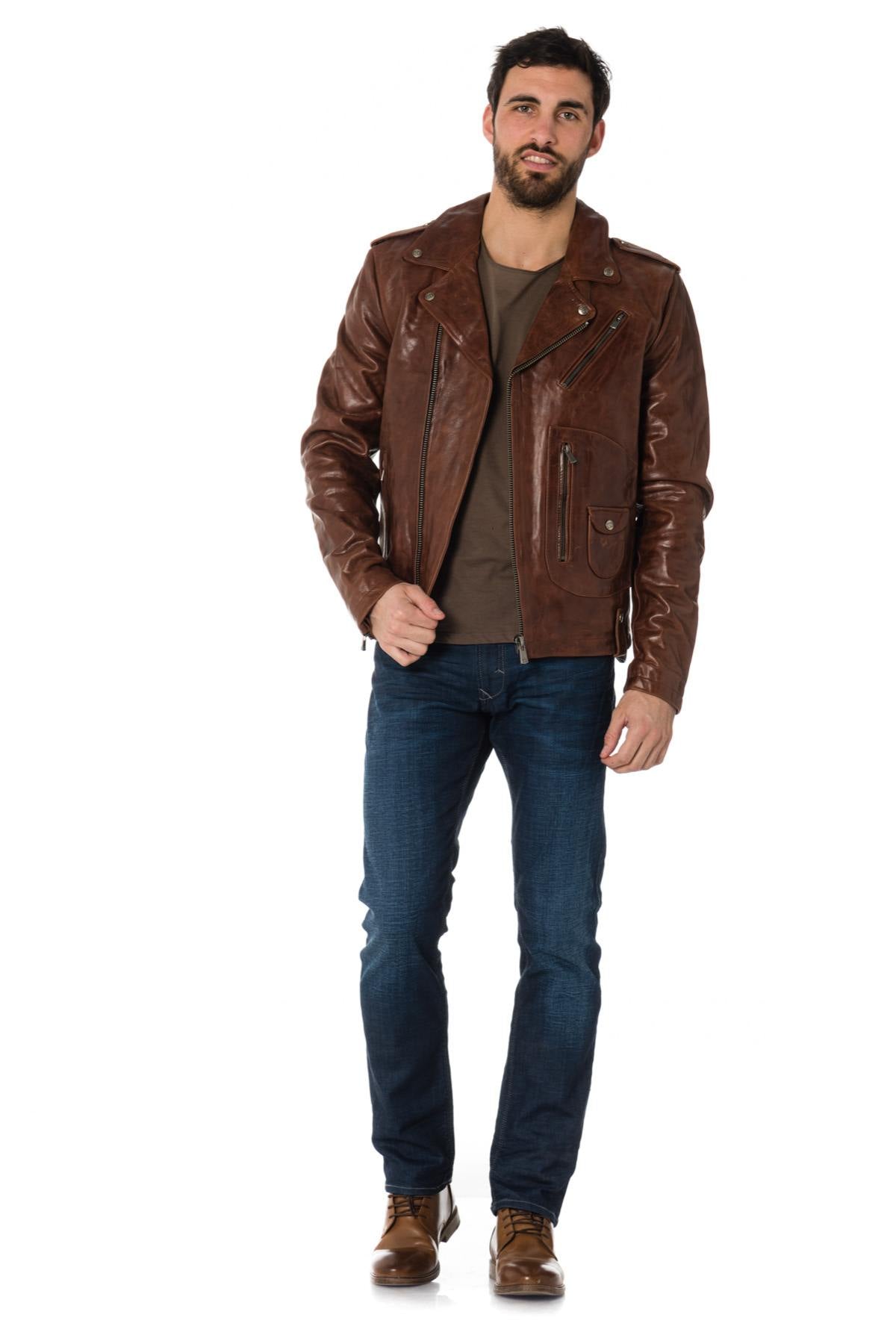 Biker Jacket in aged effect cowhide - Image n°2