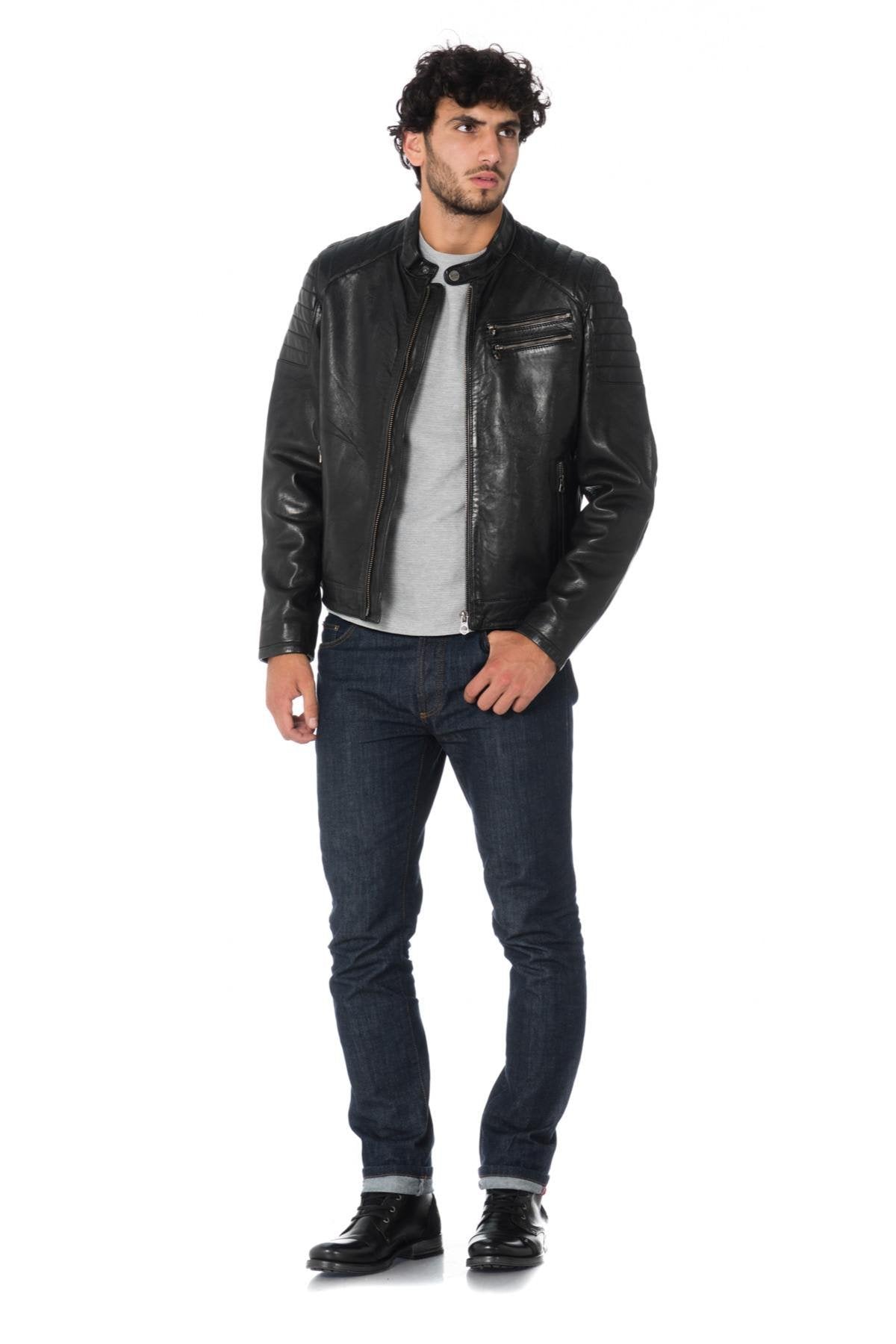 Men's black lambskin biker jacket - Image n°2