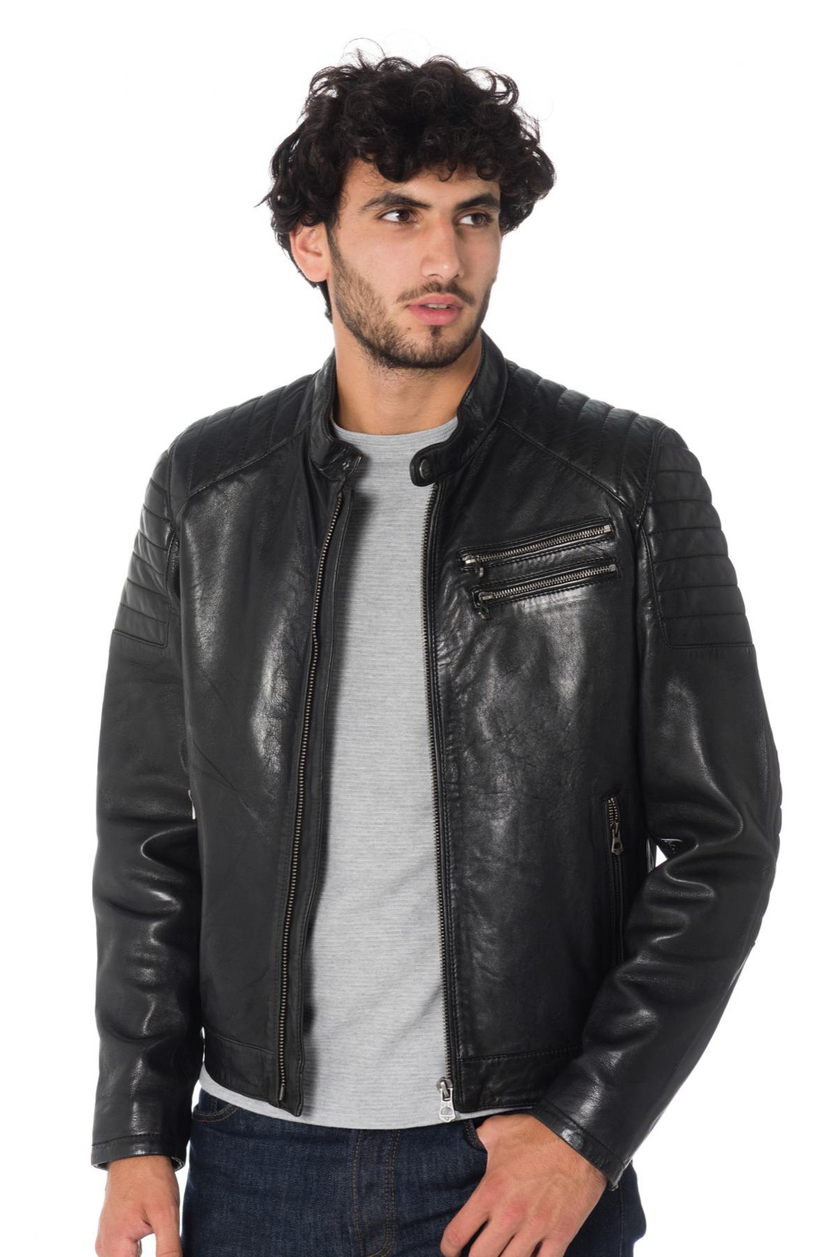 Men's black lambskin biker jacket - Image n°1