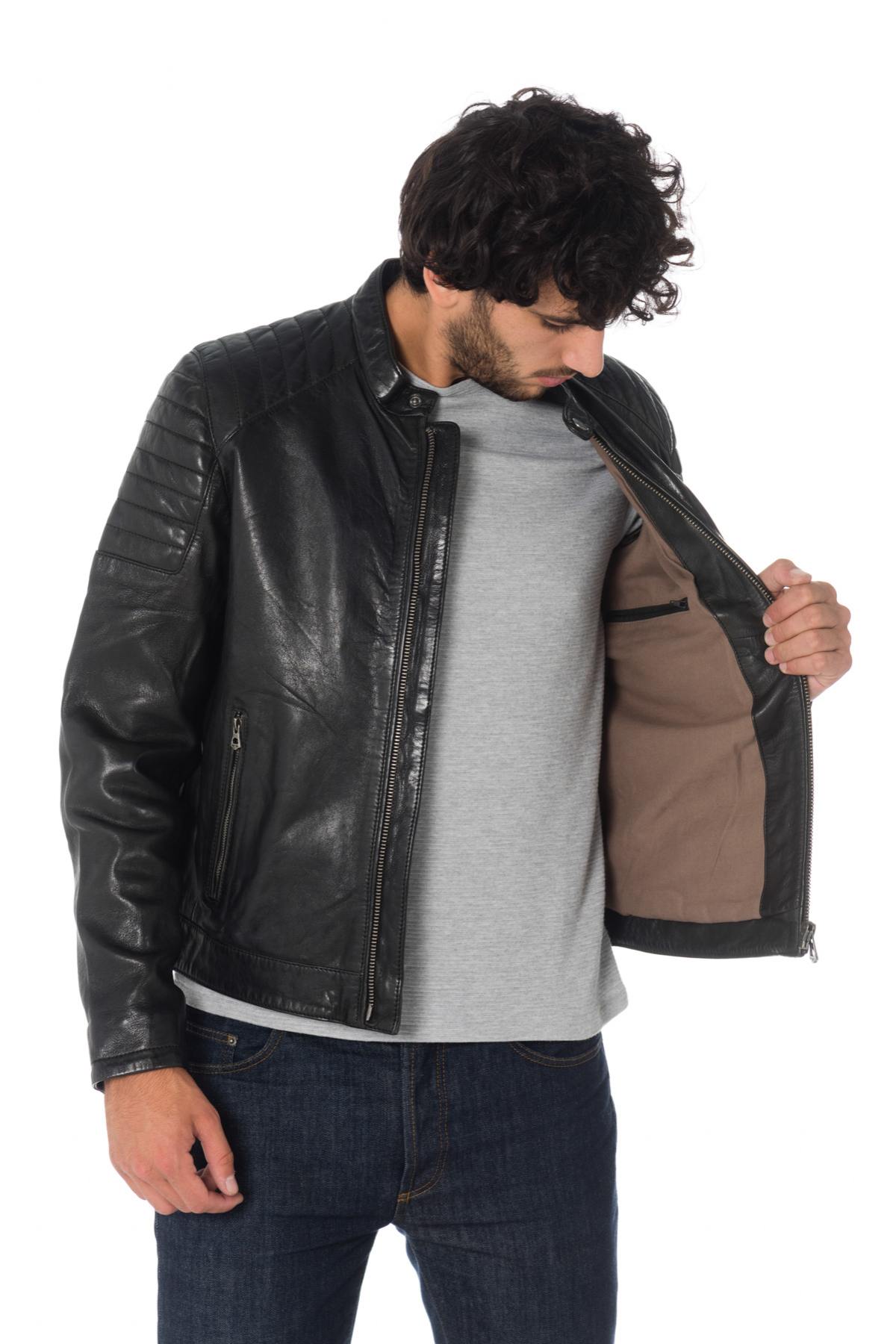 Men's black lambskin biker jacket - Image n°4