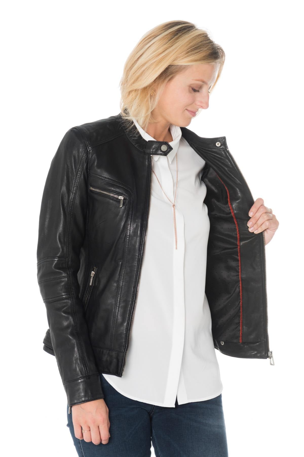 Rose garden Black leather jacket for Women - Image n°6