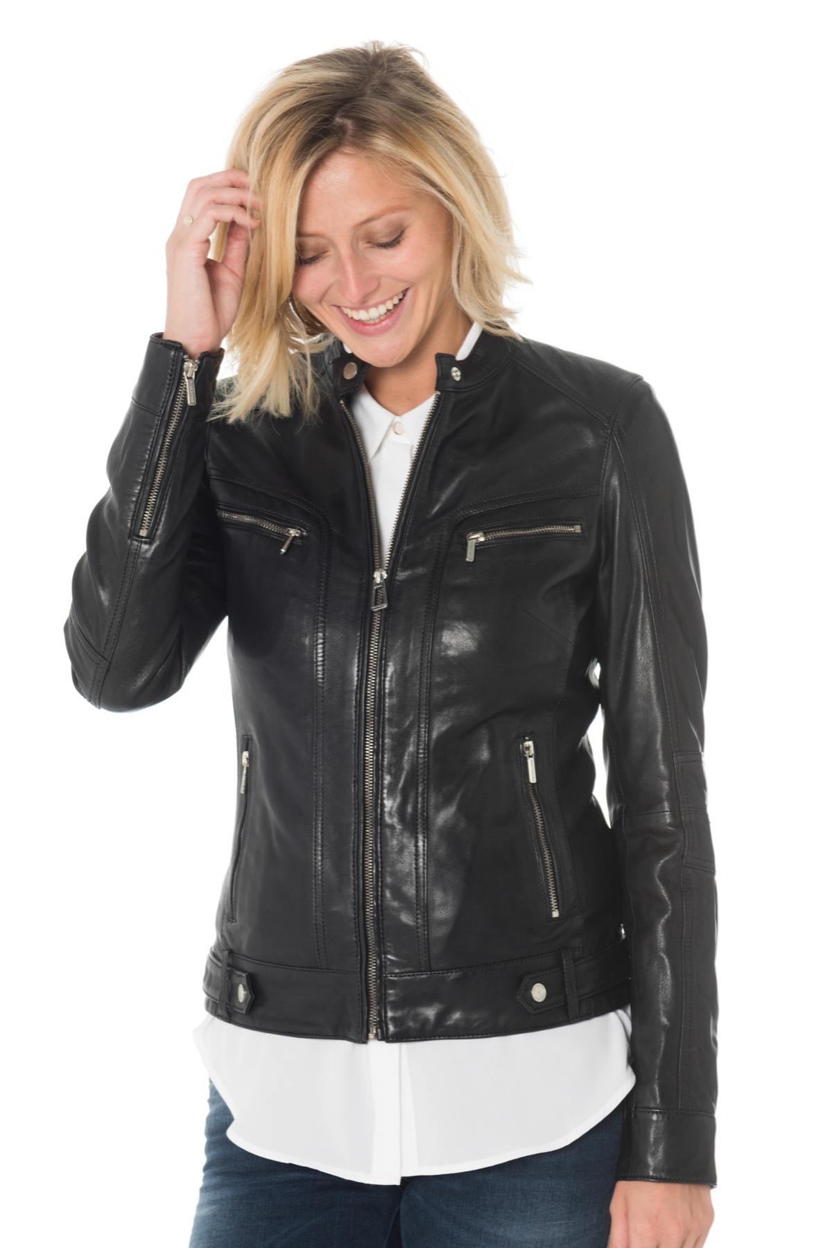 Rose garden Black leather jacket for Women - Image n°1