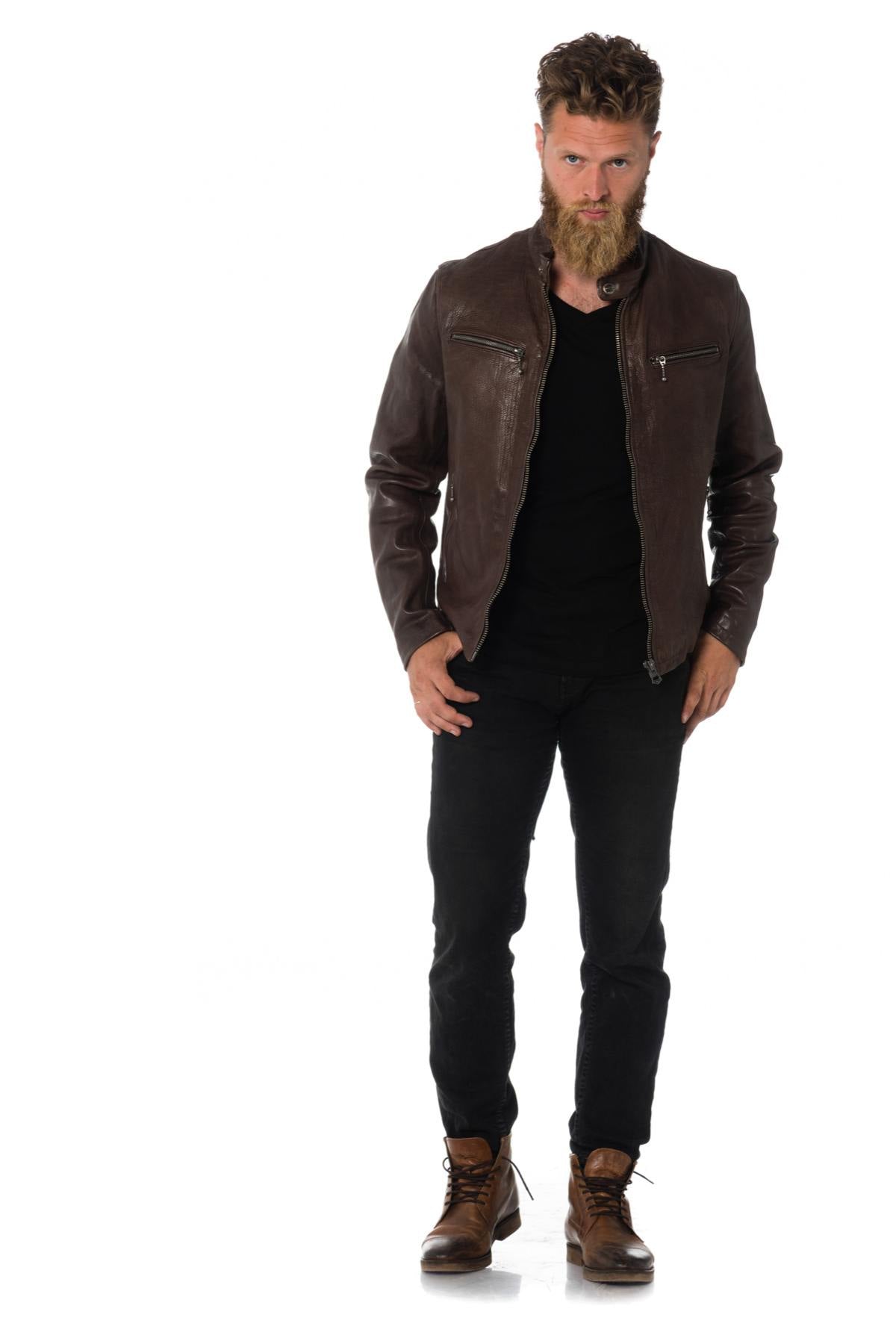 Daytona men's cowhide leather jacket in brown - Image n°2