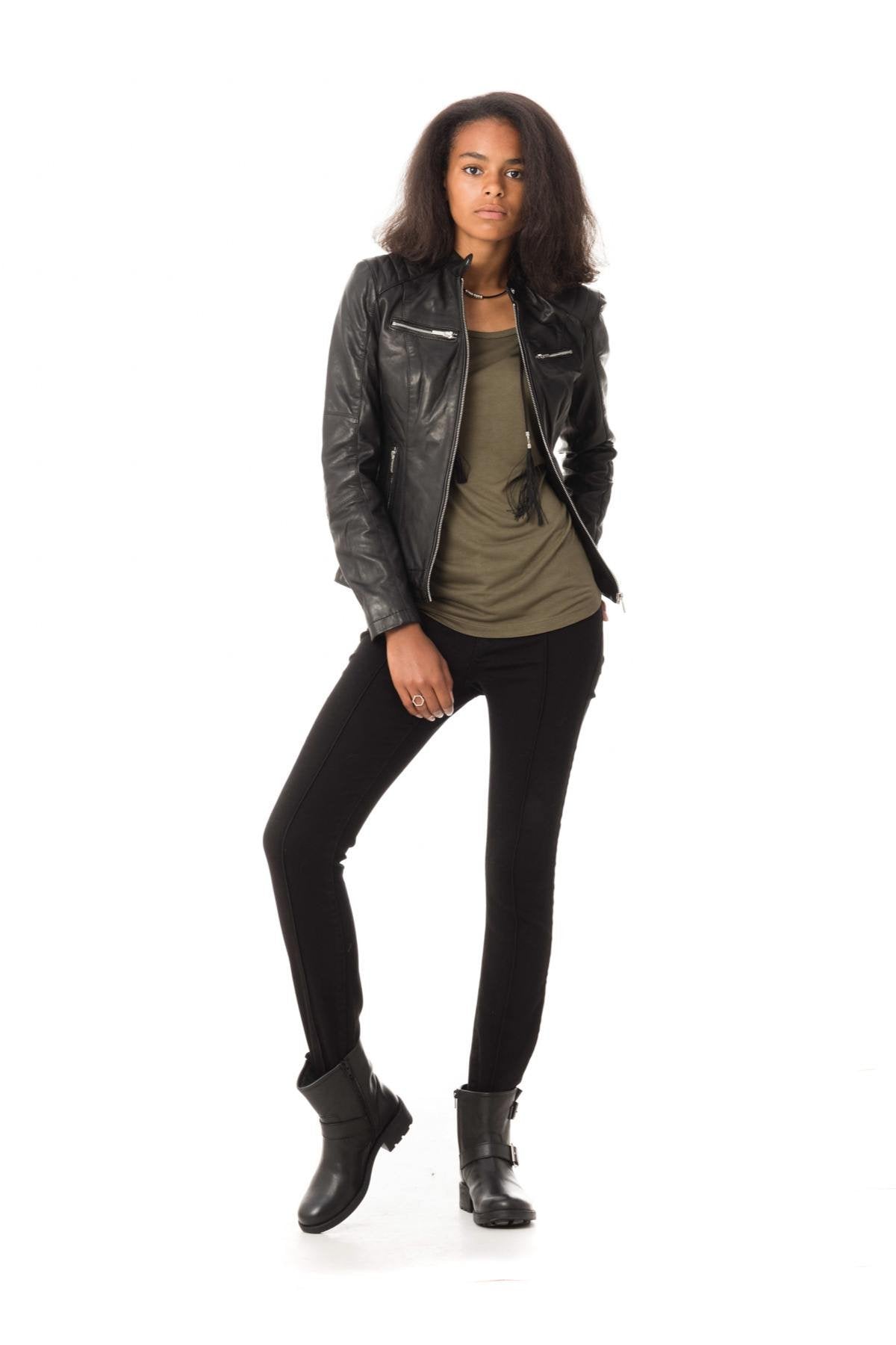 Black fit biker leather jacket - Image n°2