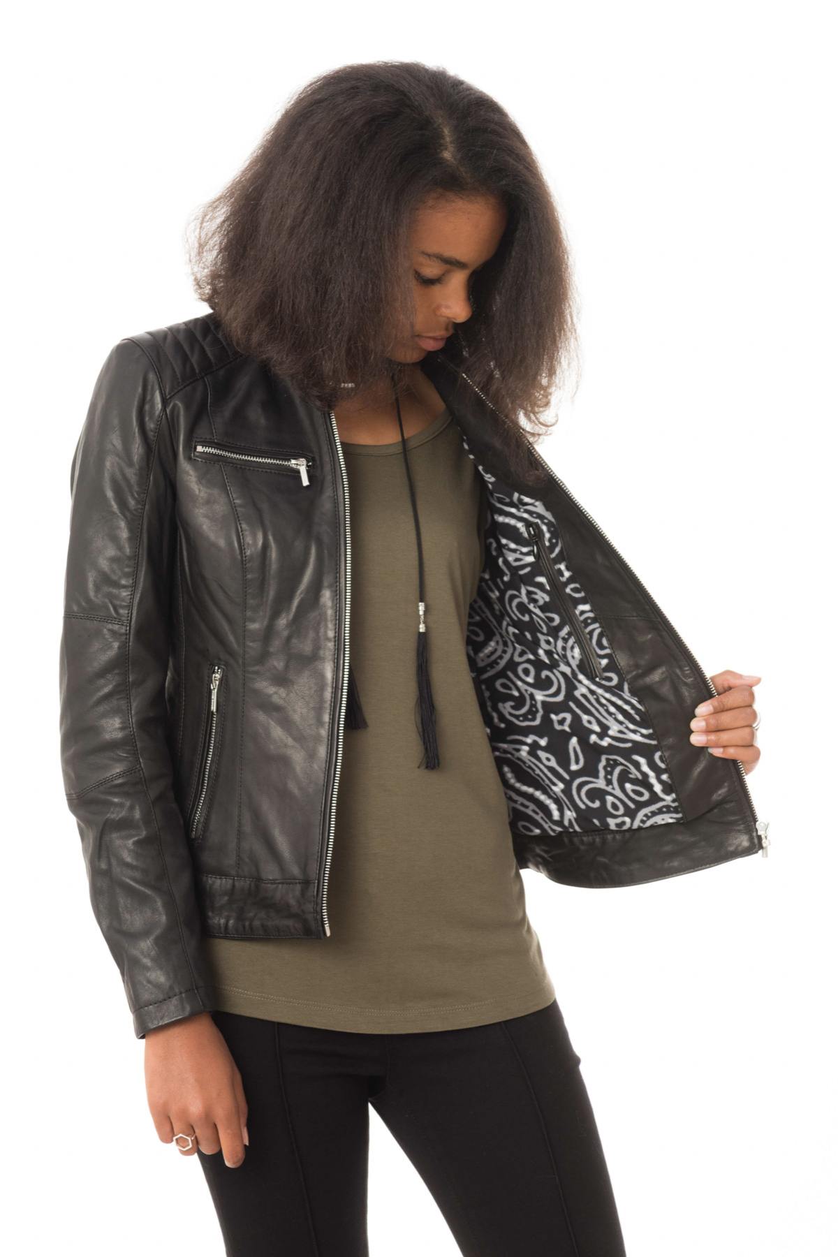 Black fit biker leather jacket - Image n°4