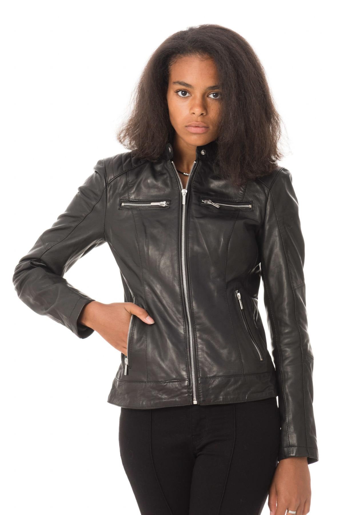 Black fit biker leather jacket - Image n°1