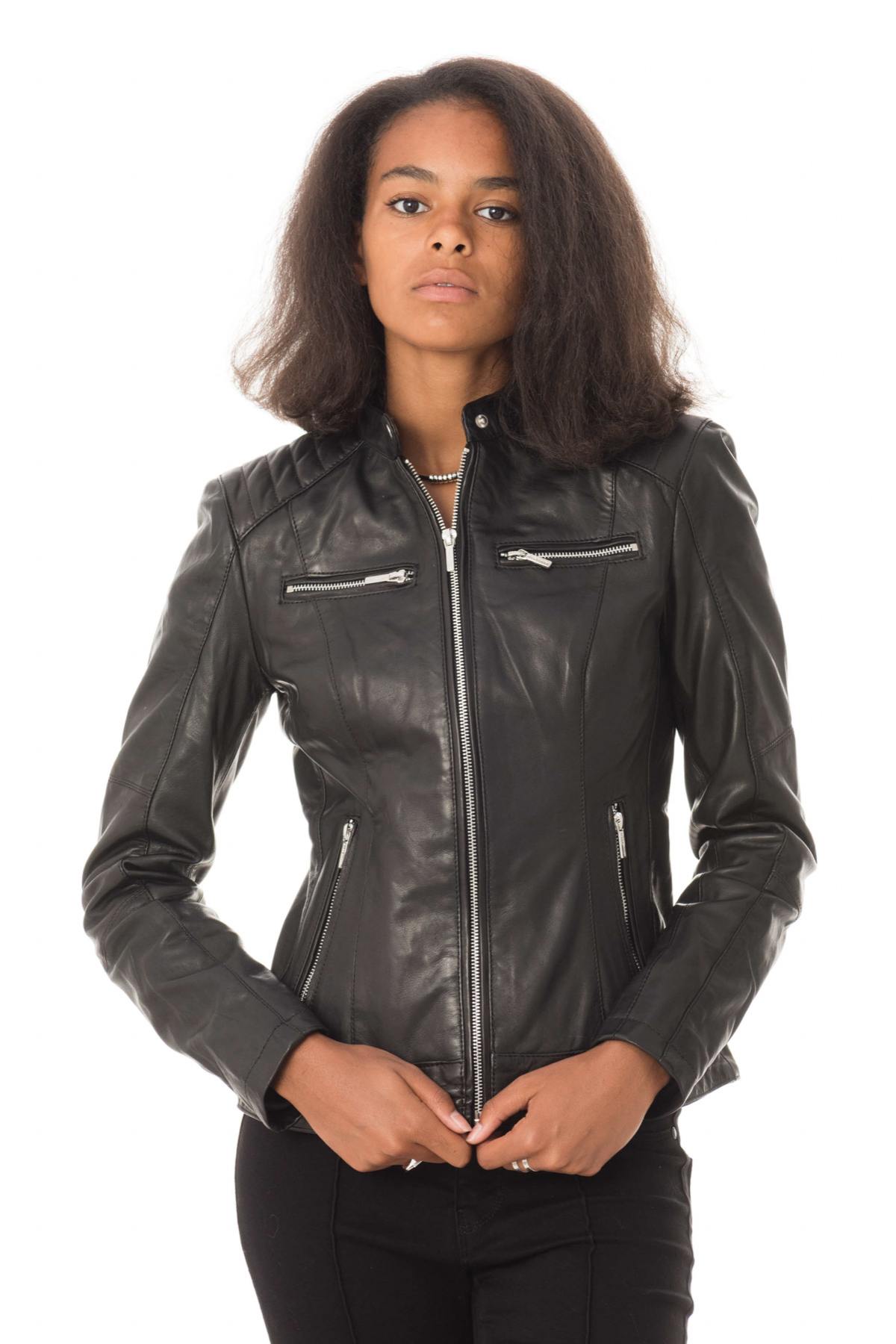 Black fit biker leather jacket - Image n°5