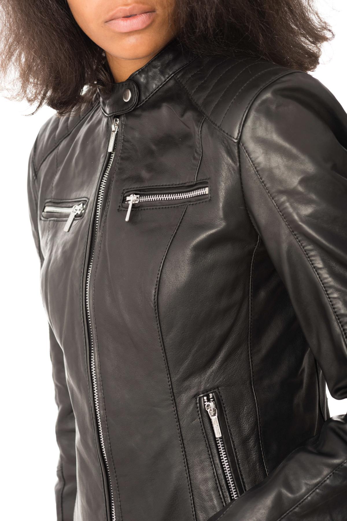 Black fit biker leather jacket - Image n°7