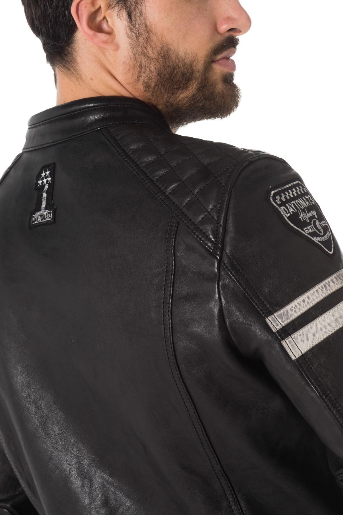 Black leather biker jacket with patches - Image n°4