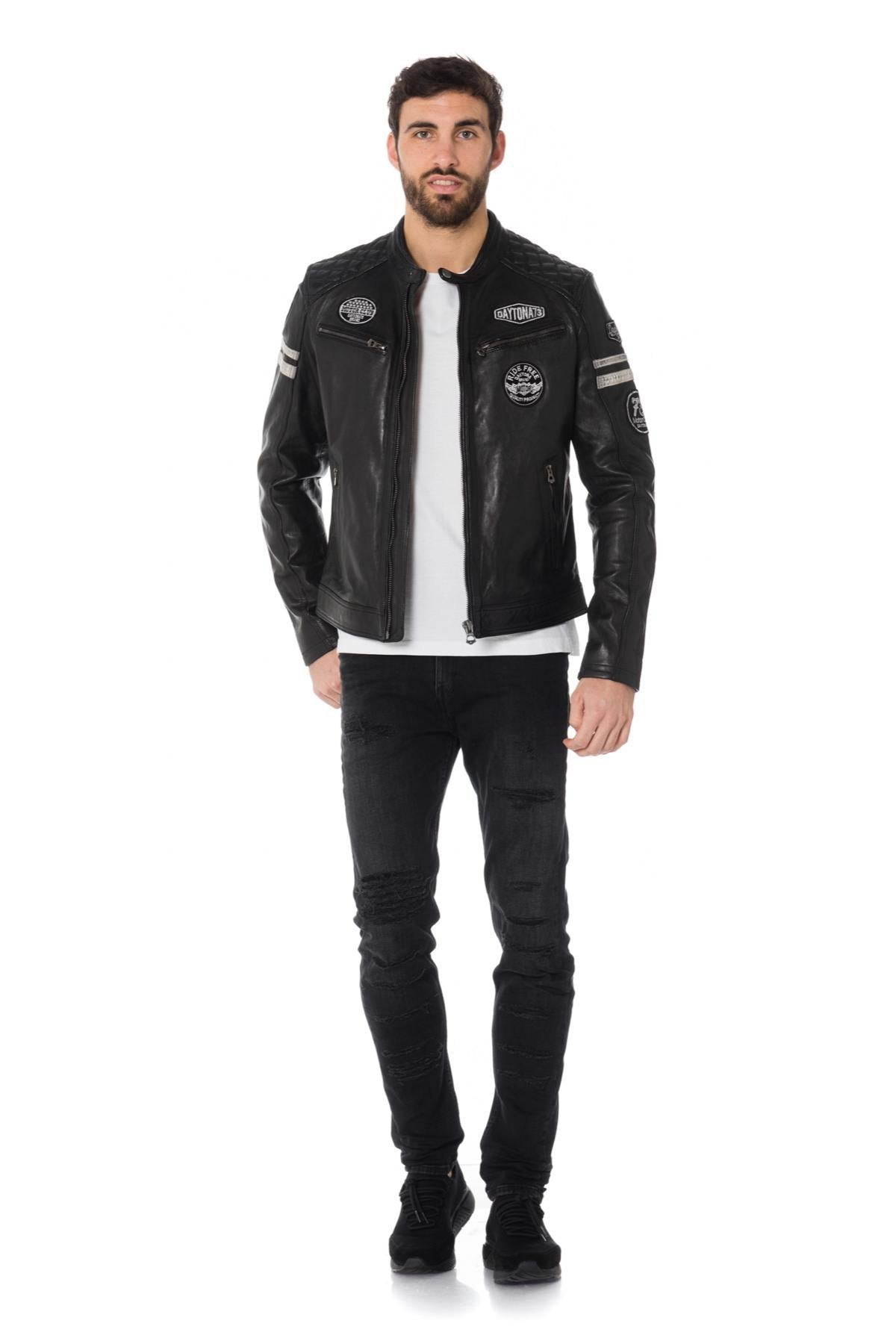 Black leather biker jacket with patches - Image n°2