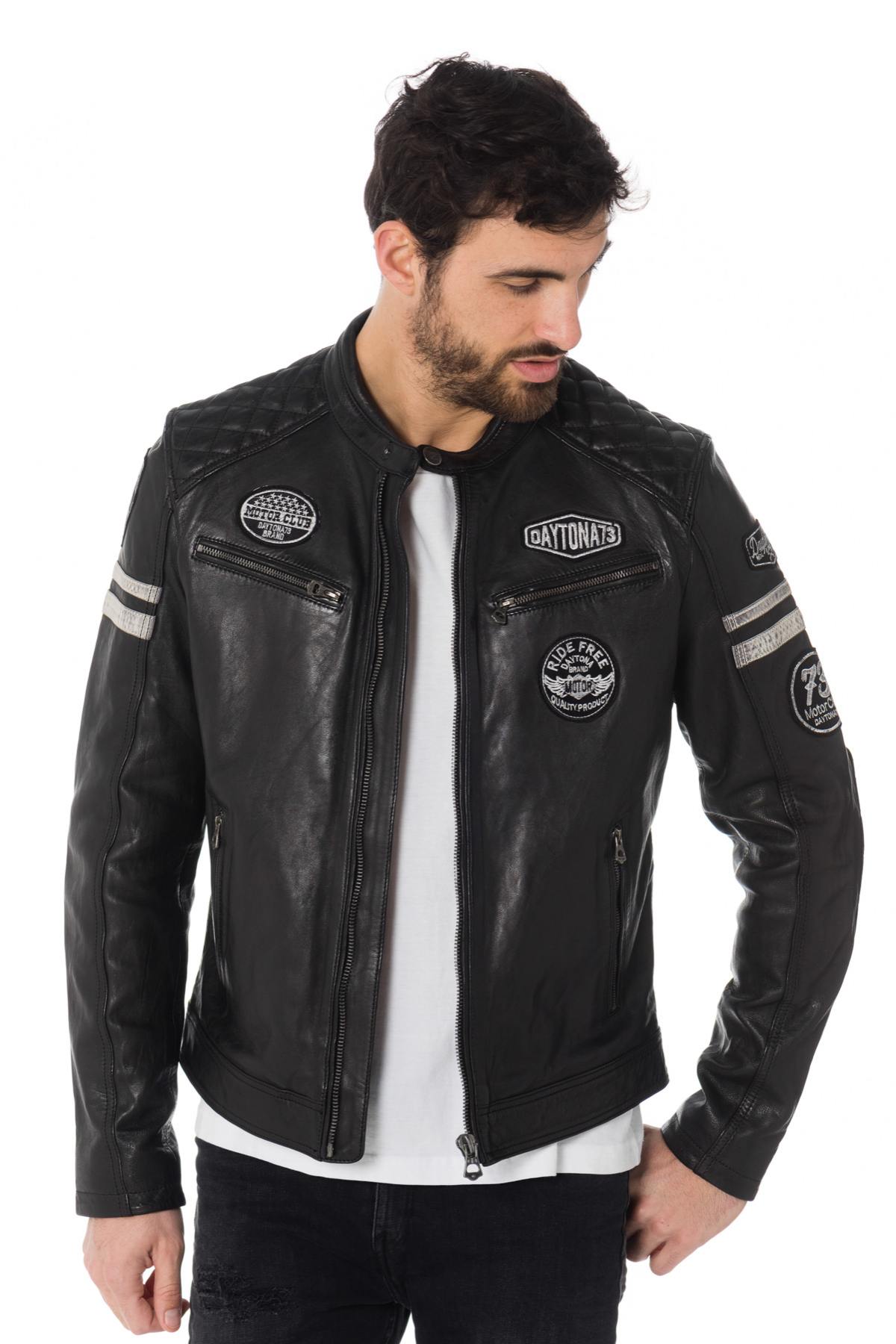 Black leather biker jacket with patches - Image n°3