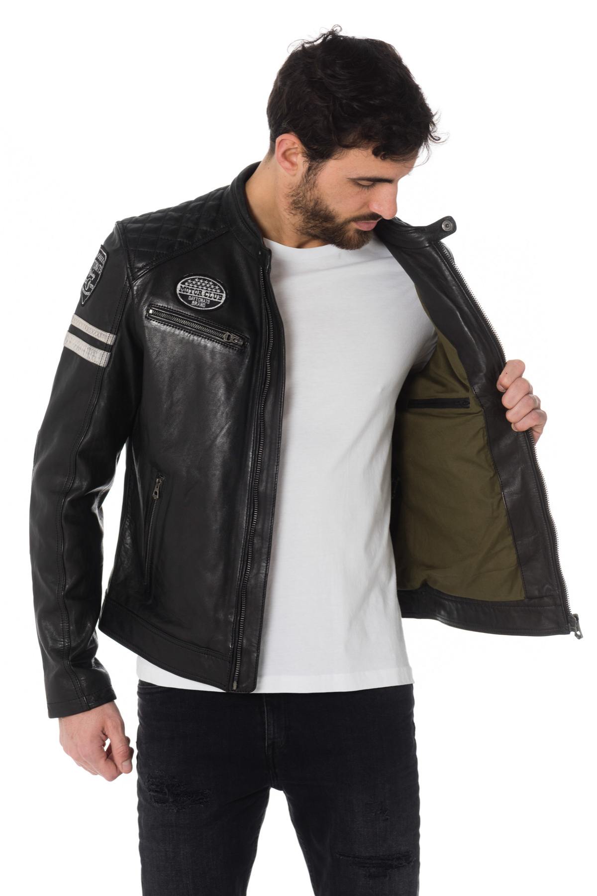 Black leather biker jacket with patches - Image n°7