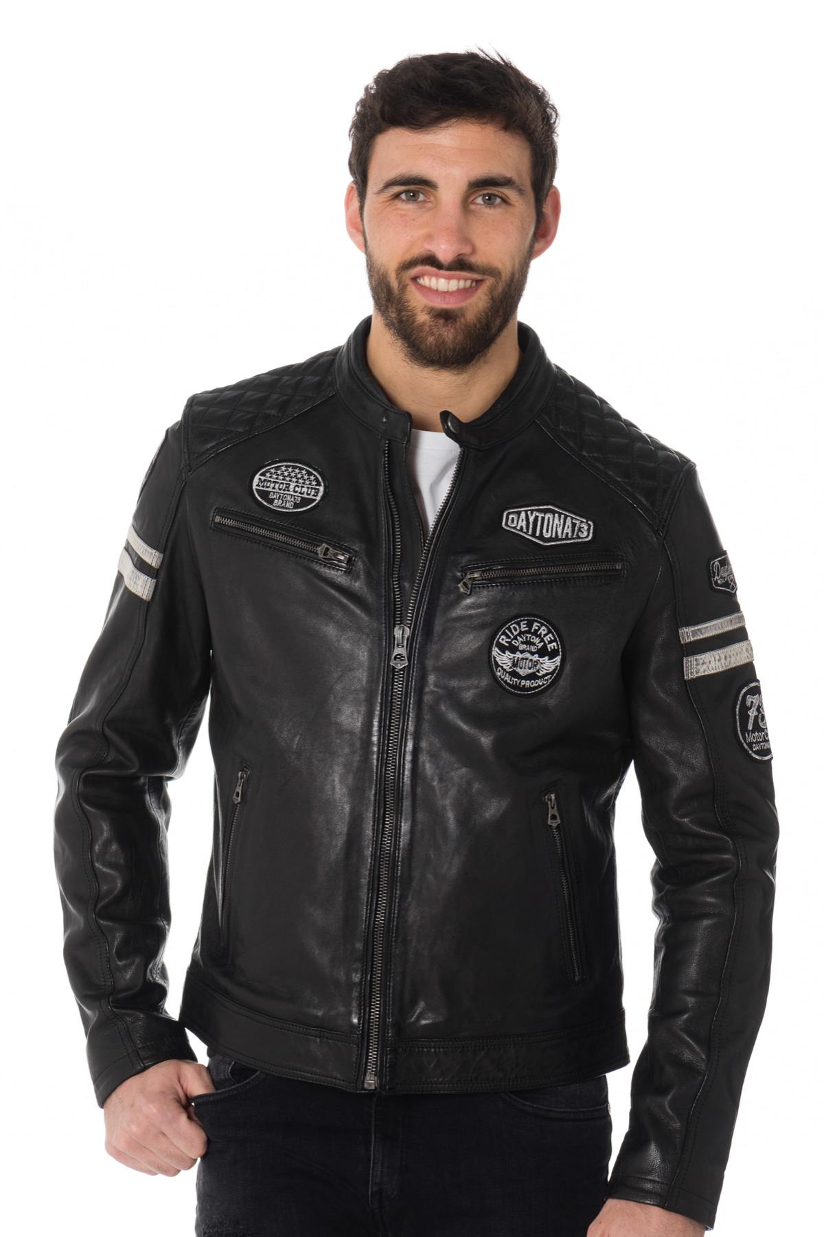 Black leather biker jacket with patches - Image n°1