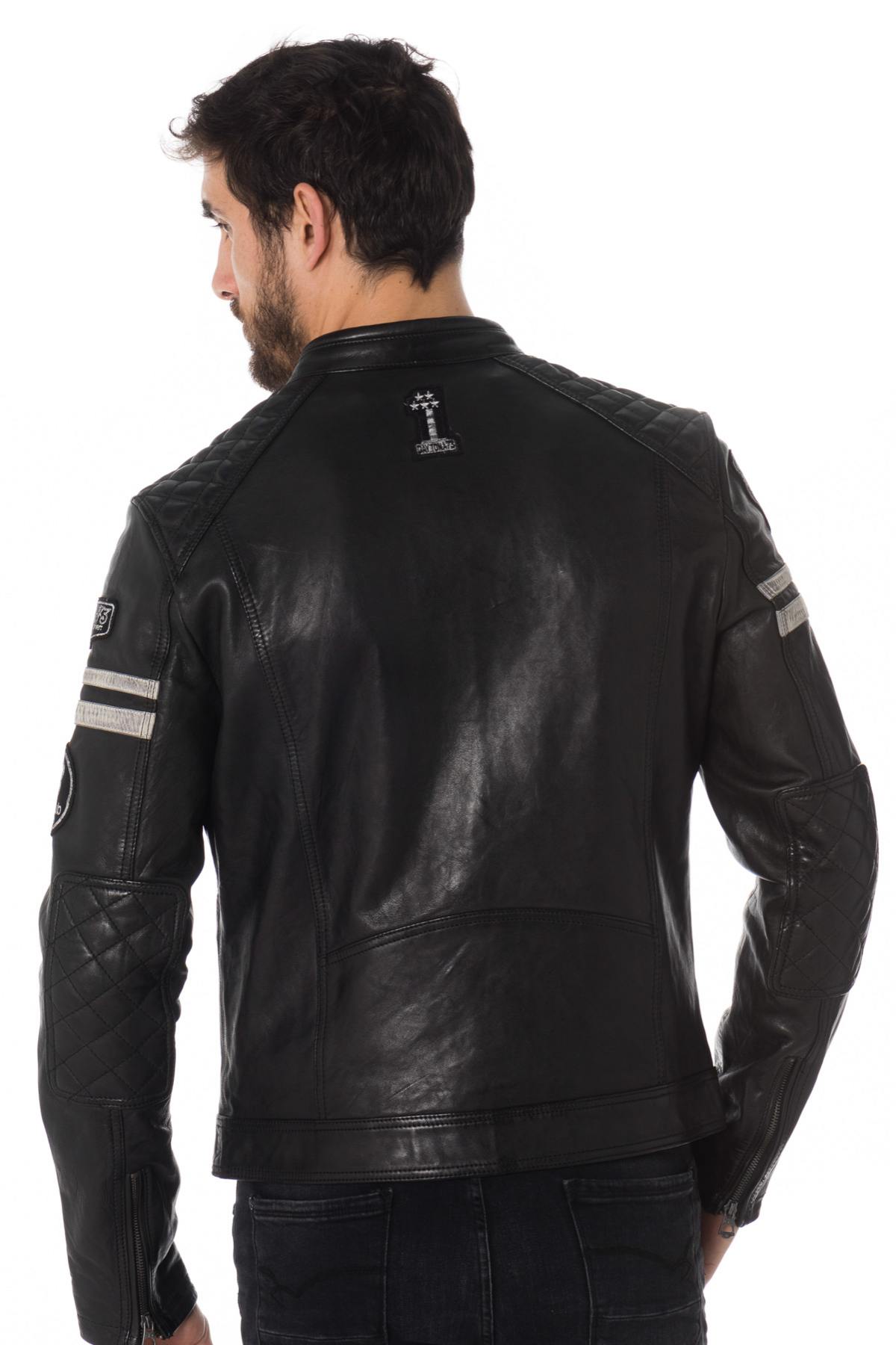 Black leather biker jacket with patches - Image n°8