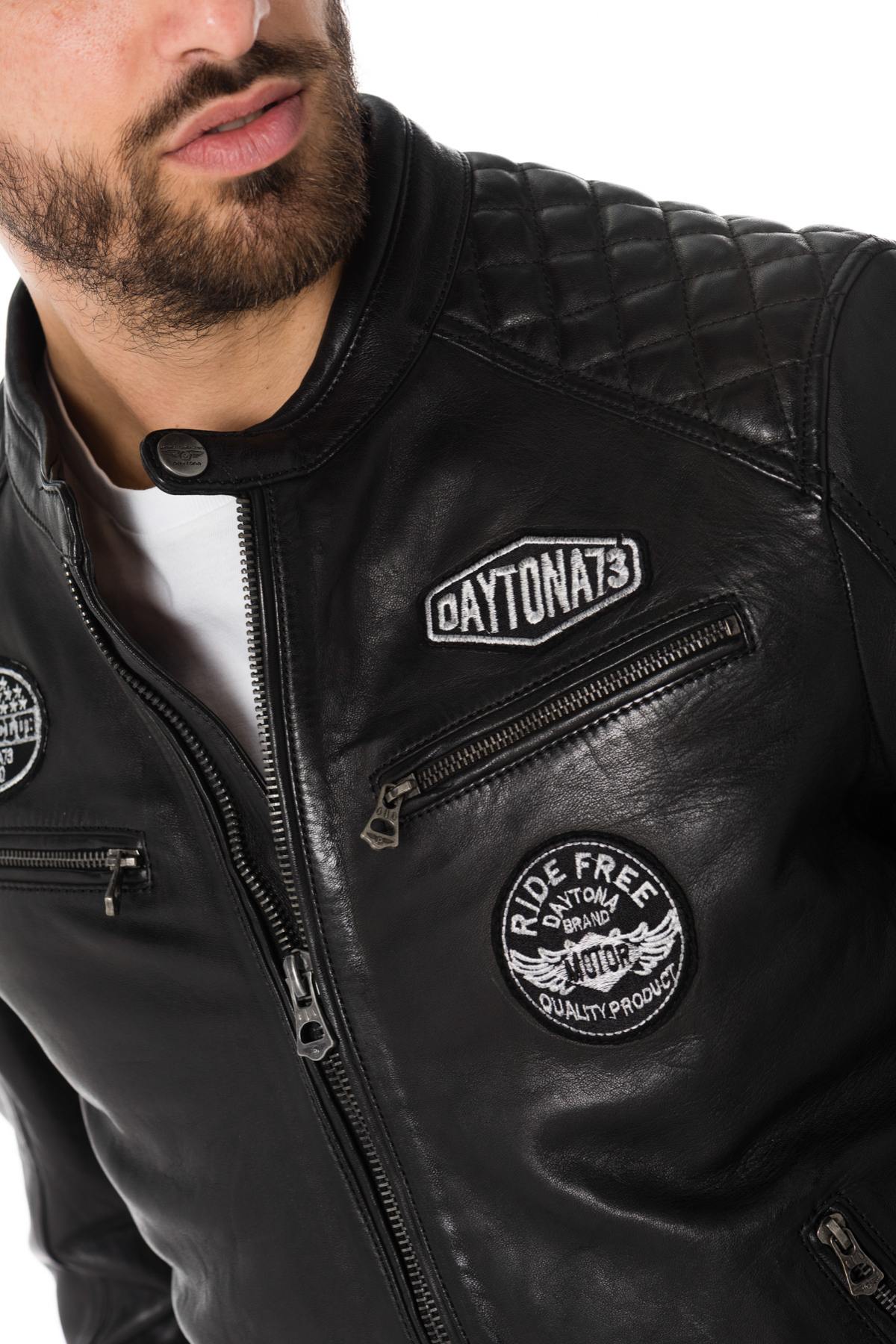 Black leather biker jacket with patches - Image n°5