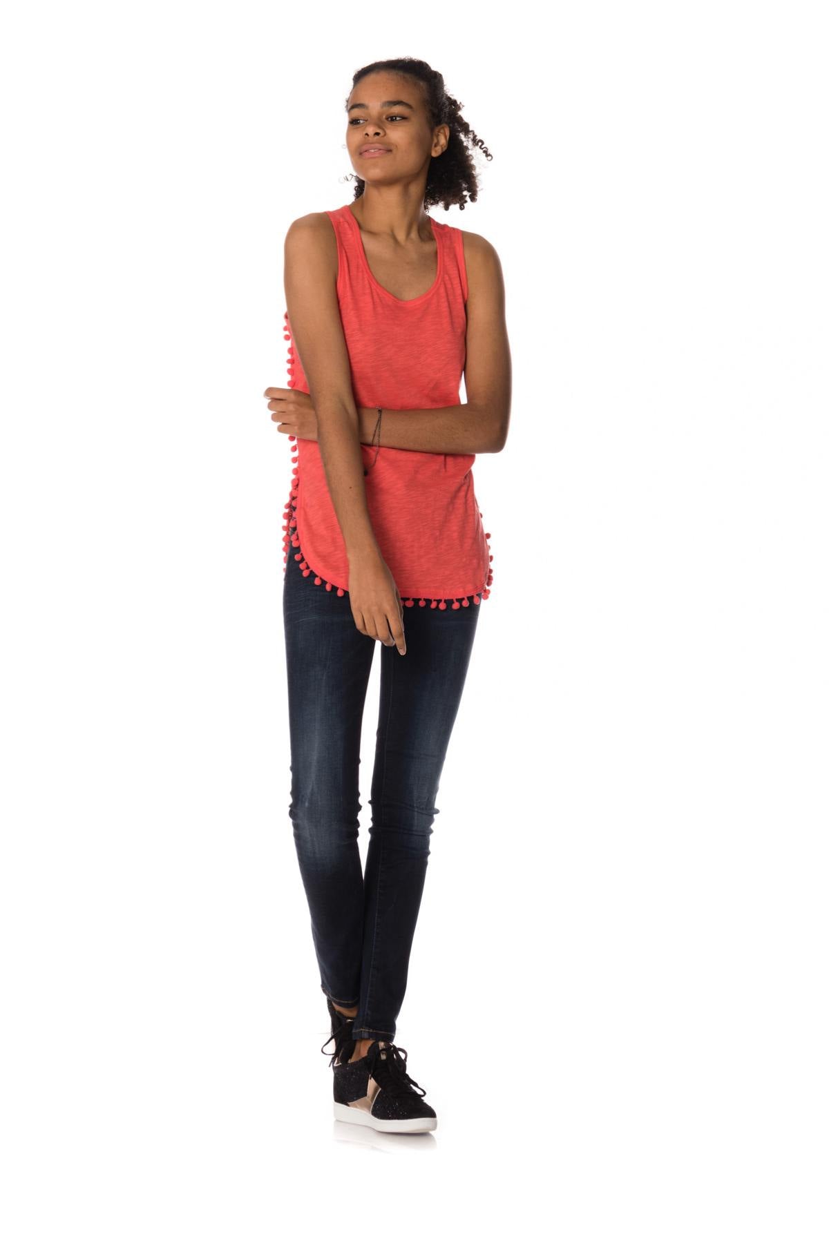 Women's tank top with coral colored pompom - Image n°3