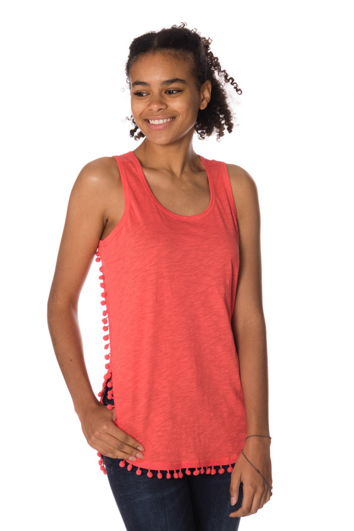 Women's tank top with coral colored pompom - Image n°1