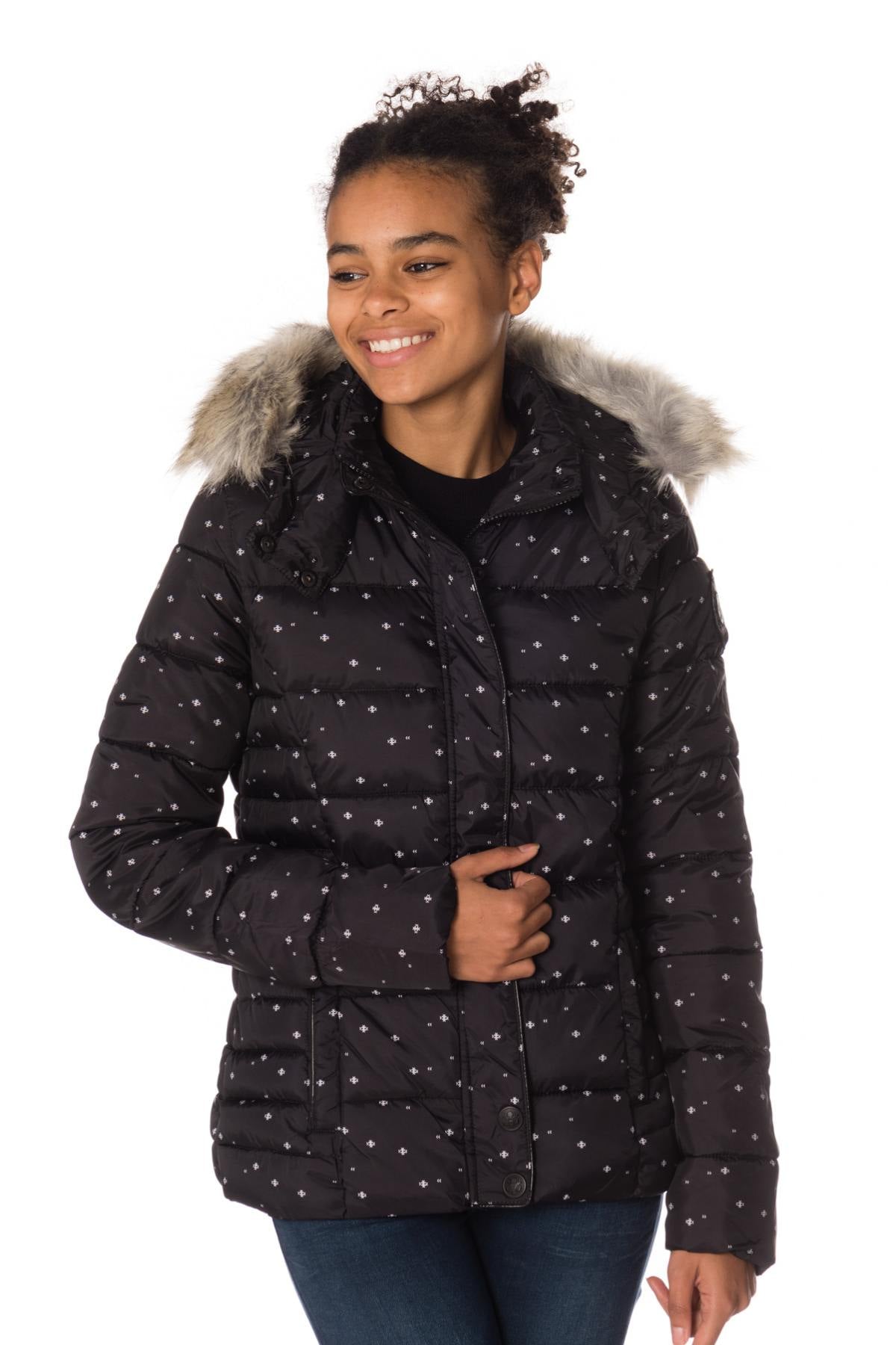 Short black puffer jacket with snowflake print - Image n°1