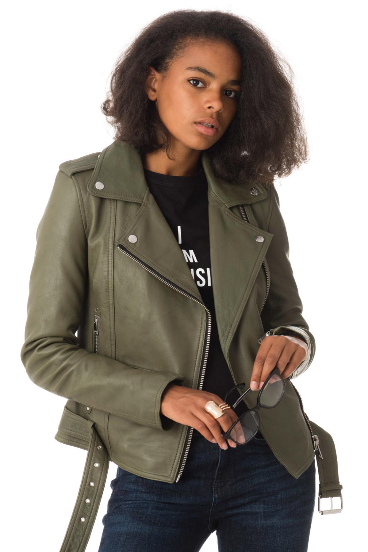 Biker Jacket with olive-colored belt - Image n°3